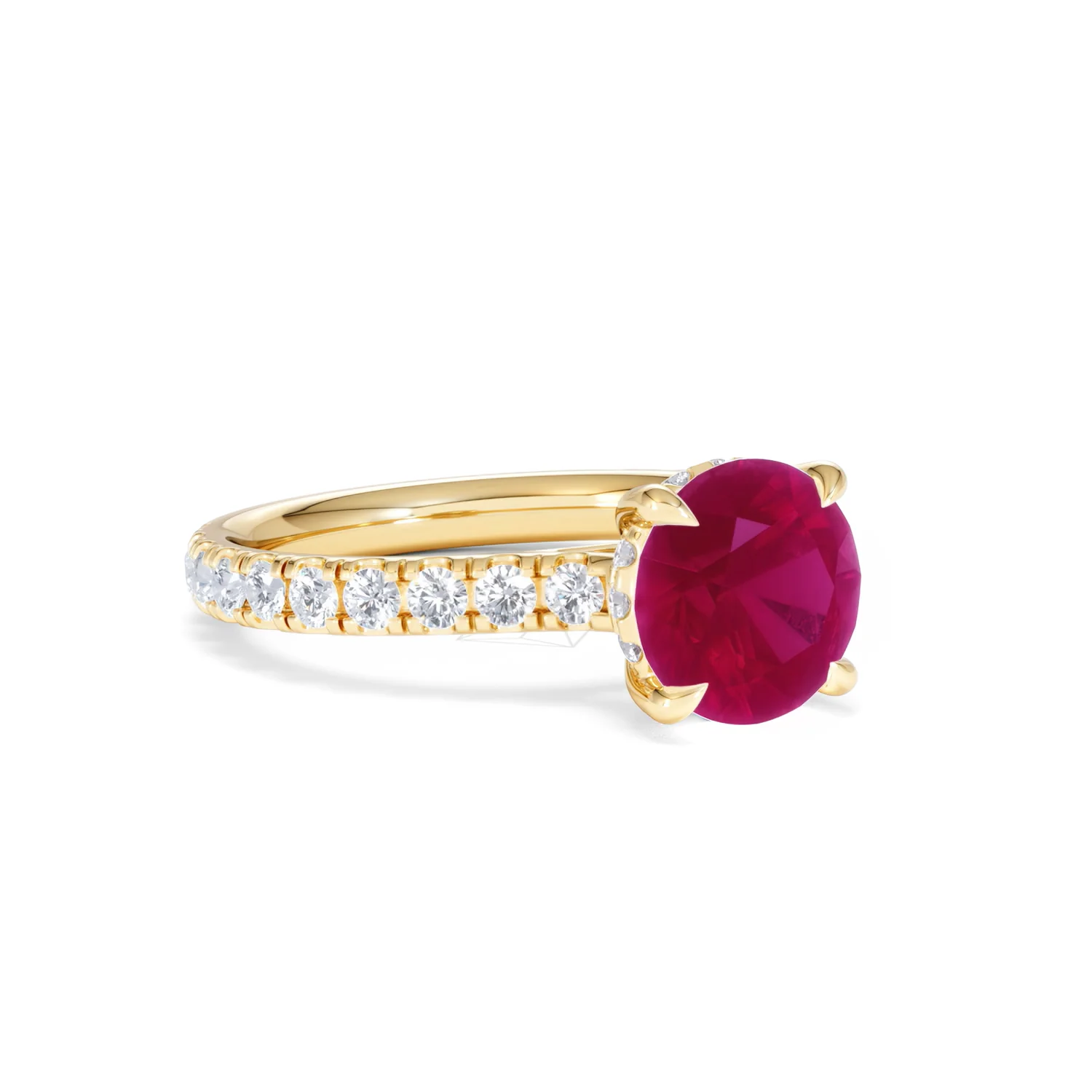 Amora 2.00ct Round Cut Lab Ruby Hidden Halo Engagement Ring with Side Stones in 18K Yellow Gold - Image 16