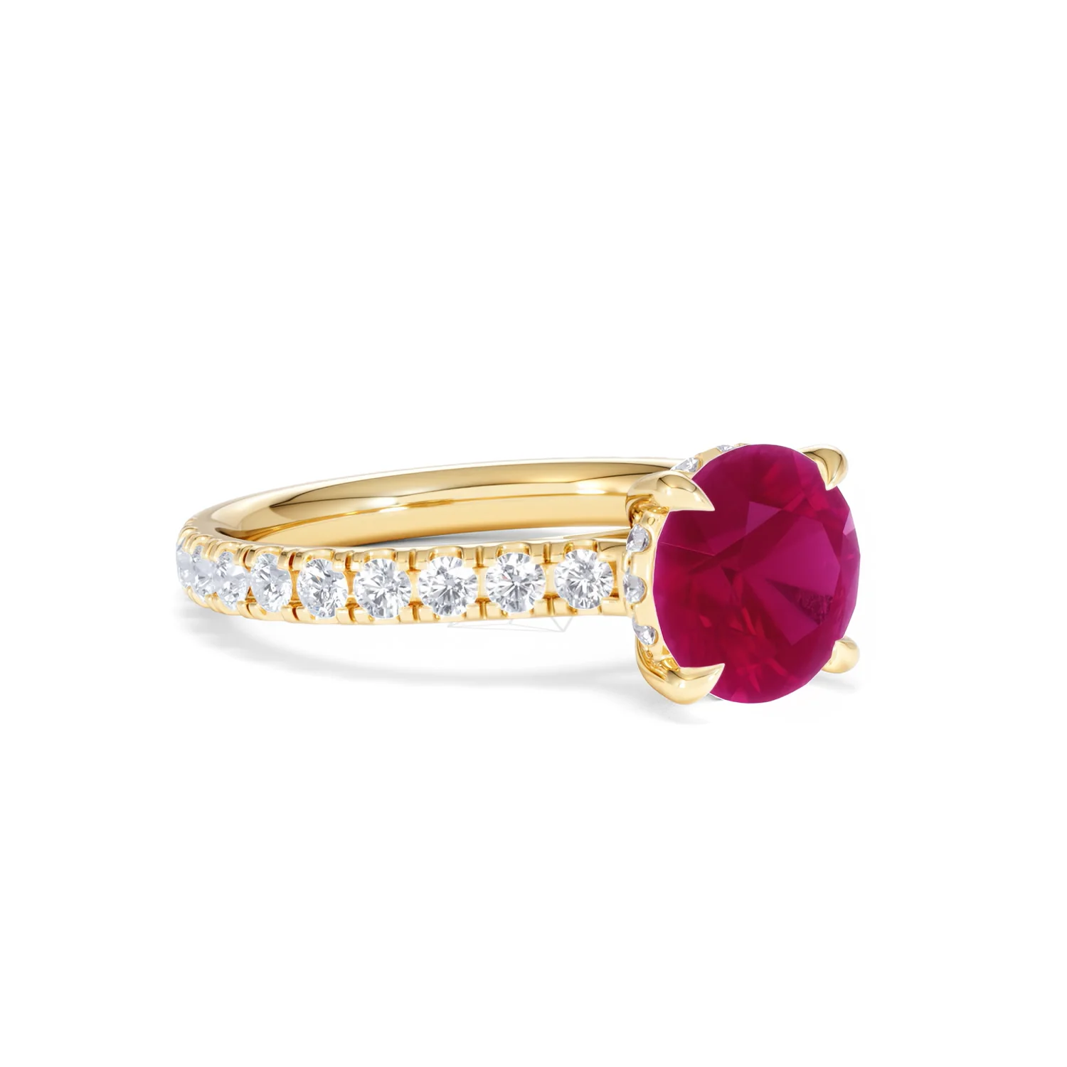 Amora 2.00ct Round Cut Lab Ruby Hidden Halo Engagement Ring with Side Stones in 18K Yellow Gold - Image 17