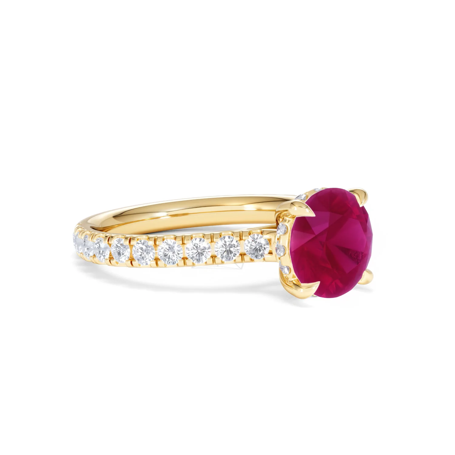 Amora 2.00ct Round Cut Lab Ruby Hidden Halo Engagement Ring with Side Stones in 18K Yellow Gold - Image 18