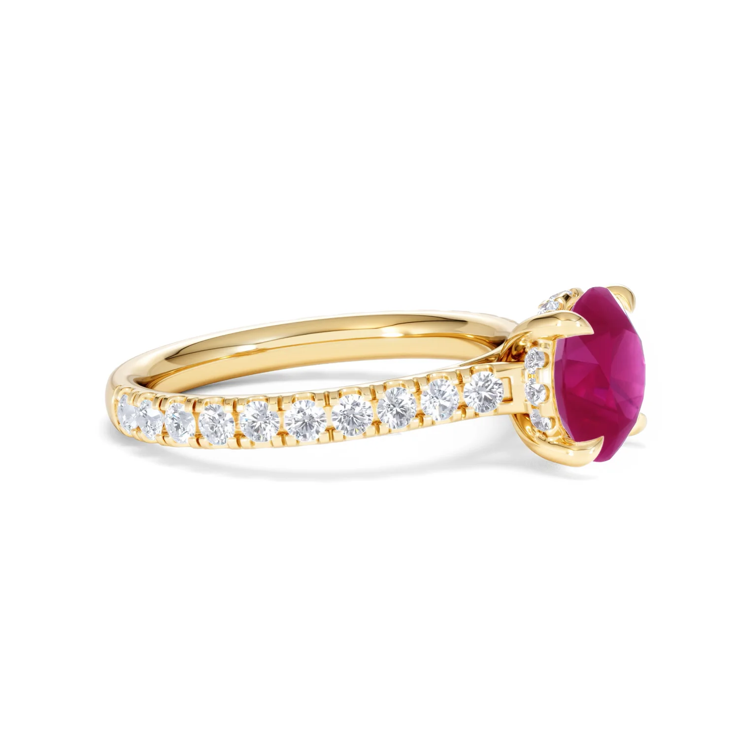 Amora 2.00ct Round Cut Lab Ruby Hidden Halo Engagement Ring with Side Stones in 18K Yellow Gold - Image 23