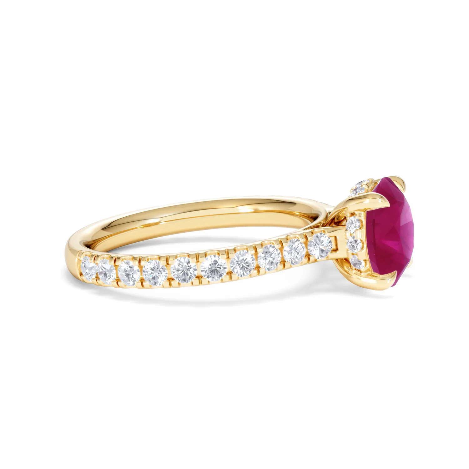 Amora 2.00ct Round Cut Lab Ruby Hidden Halo Engagement Ring with Side Stones in 18K Yellow Gold - Image 25