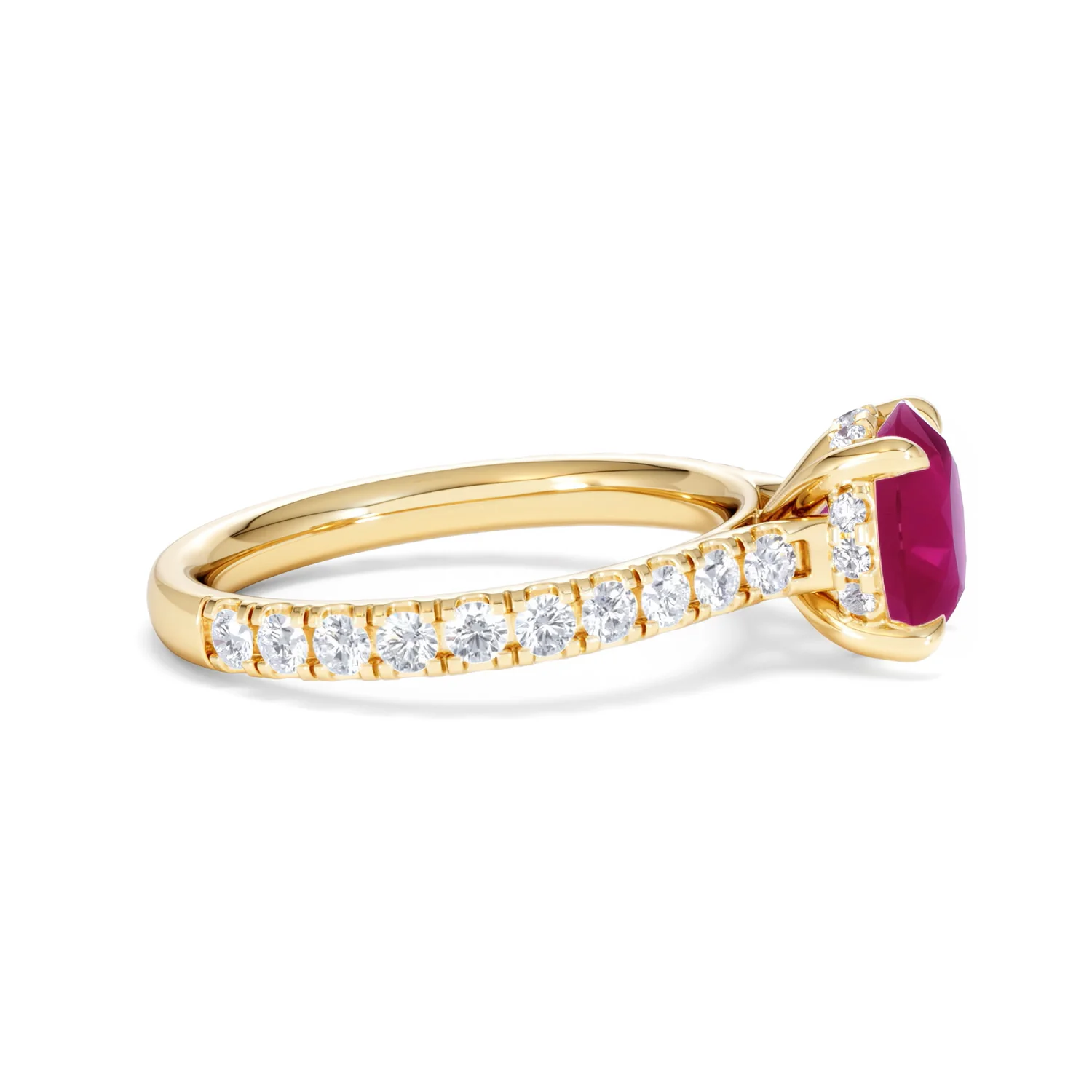 Amora 2.00ct Round Cut Lab Ruby Hidden Halo Engagement Ring with Side Stones in 18K Yellow Gold - Image 27