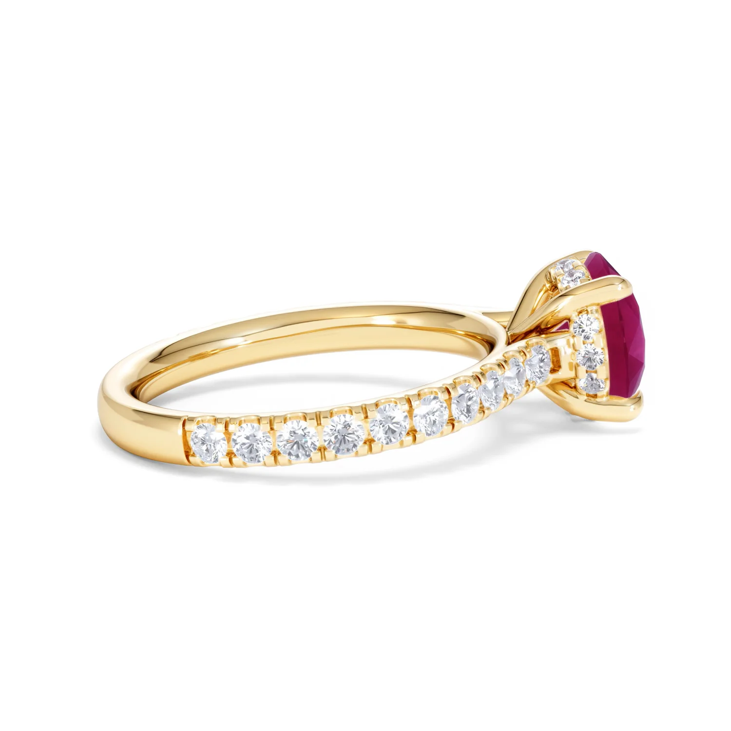 Amora 2.00ct Round Cut Lab Ruby Hidden Halo Engagement Ring with Side Stones in 18K Yellow Gold - Image 31