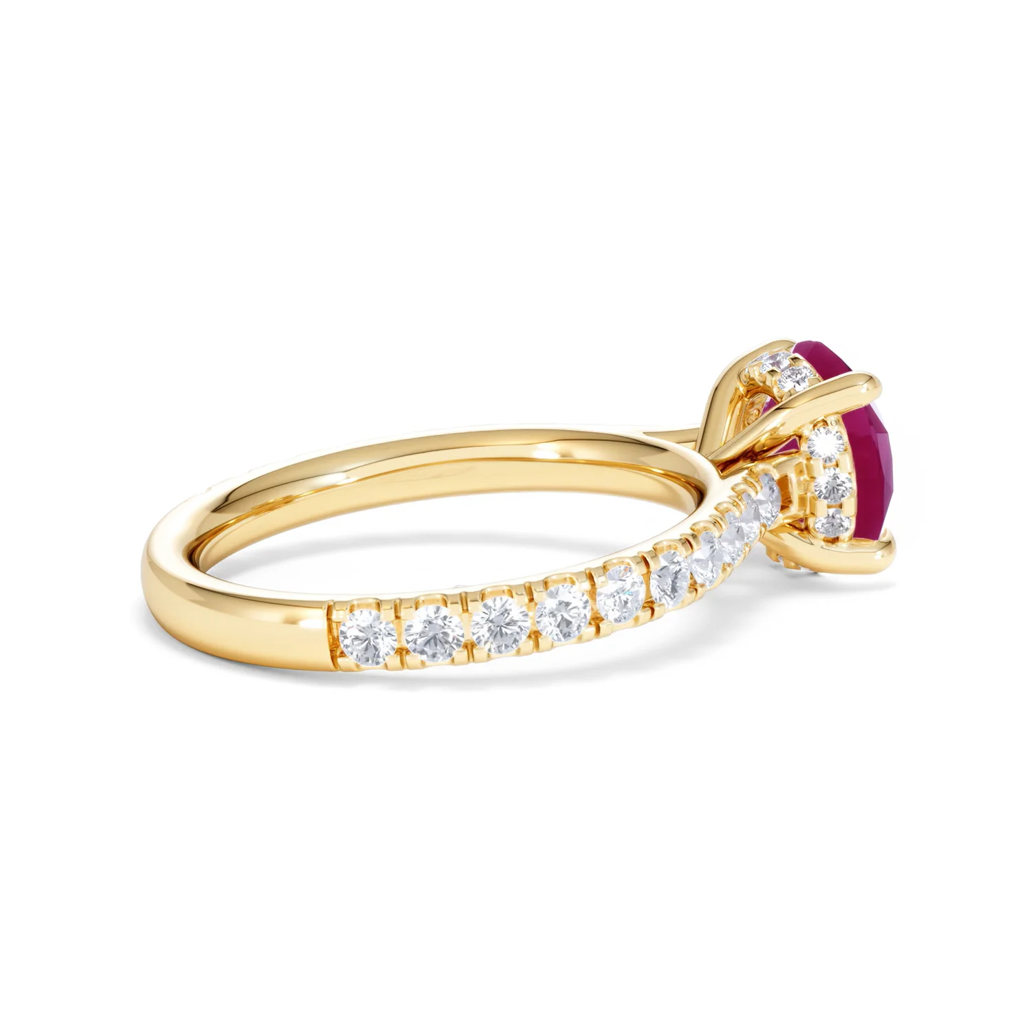 Amora 2.00ct Round Cut Lab Ruby Hidden Halo Engagement Ring with Side Stones in 18K Yellow Gold - Image 34