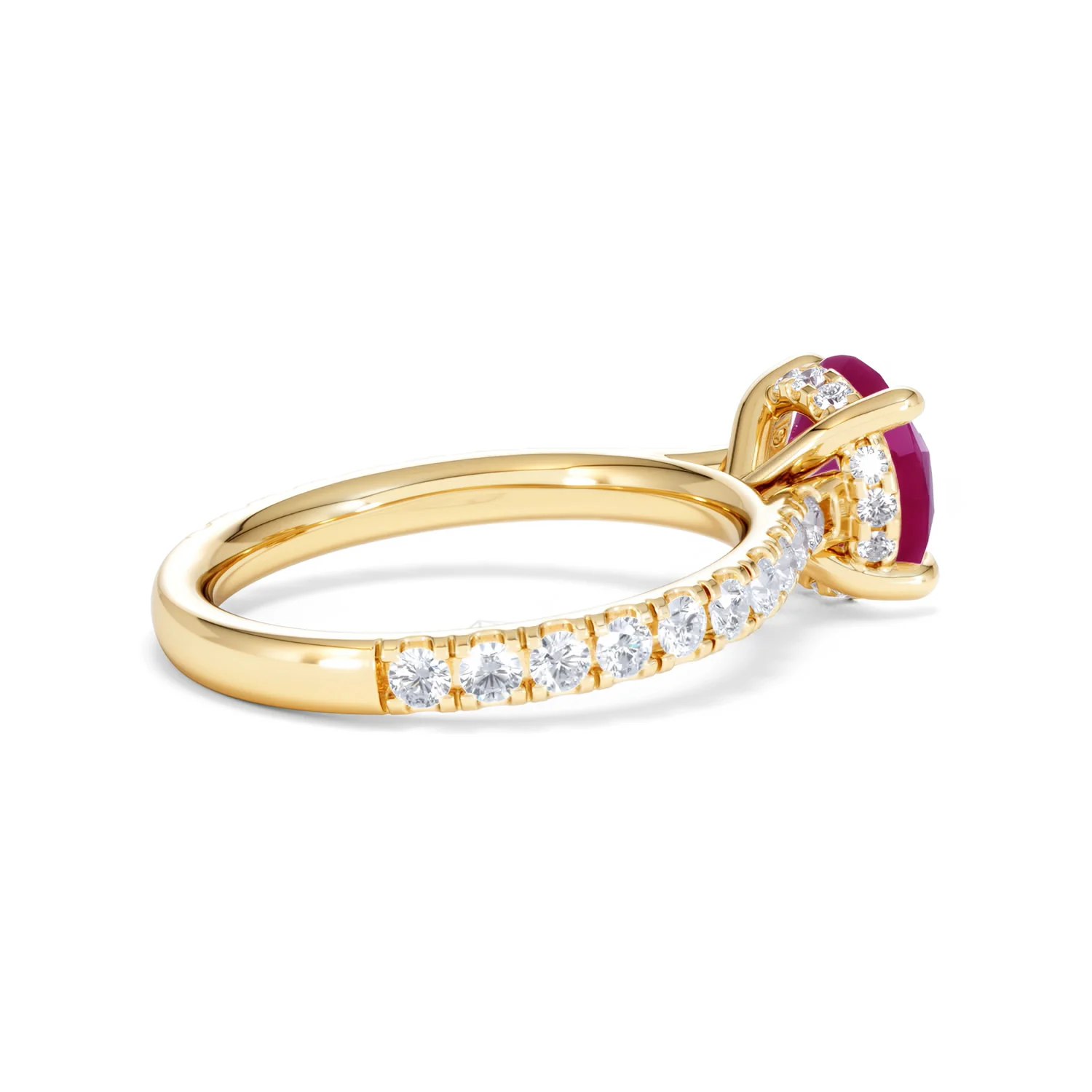 Amora 2.00ct Round Cut Lab Ruby Hidden Halo Engagement Ring with Side Stones in 18K Yellow Gold - Image 35