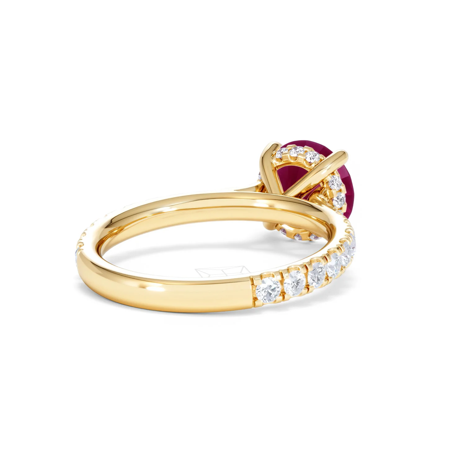 Amora 2.00ct Round Cut Lab Ruby Hidden Halo Engagement Ring with Side Stones in 18K Yellow Gold - Image 42