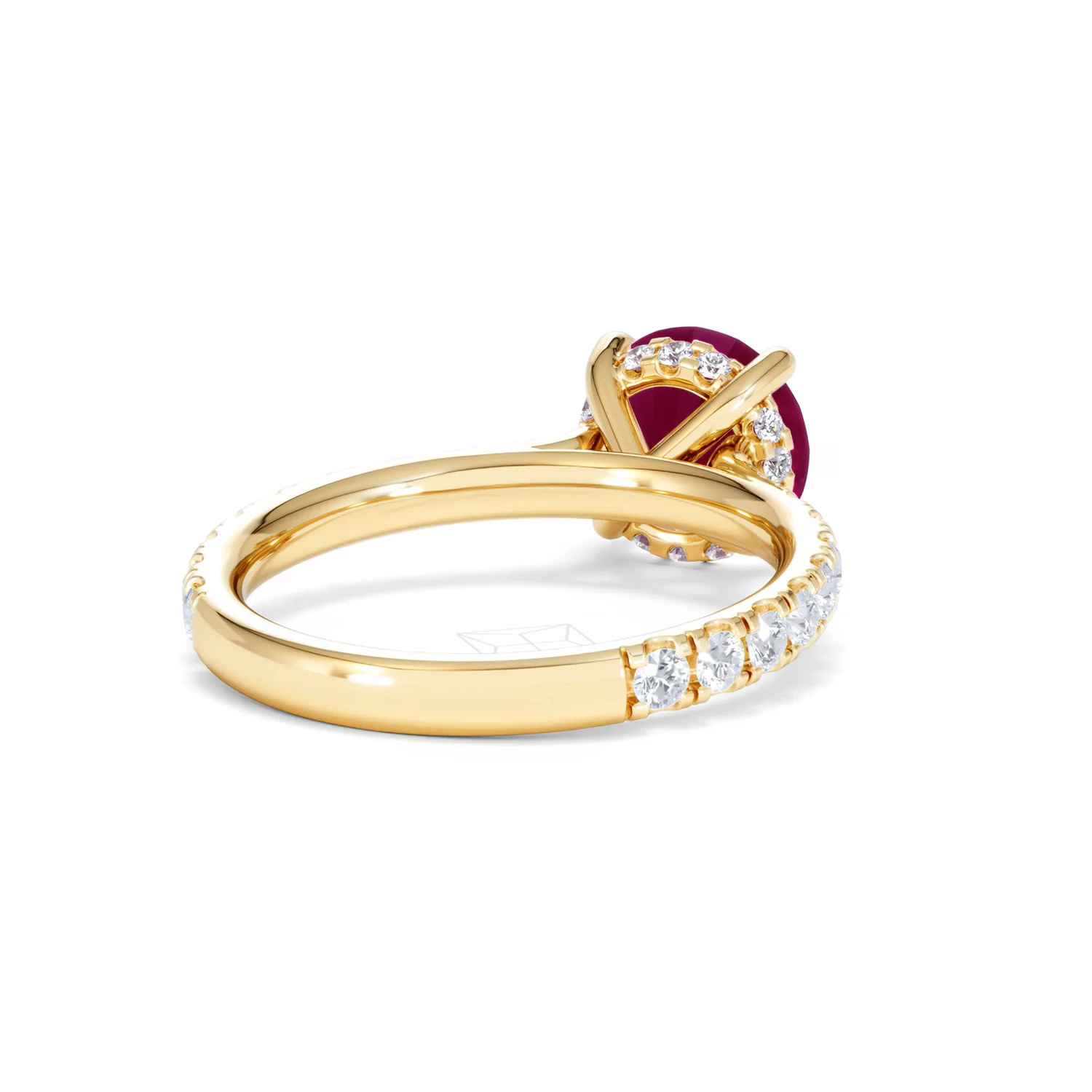 Amora 2.00ct Round Cut Lab Ruby Hidden Halo Engagement Ring with Side Stones in 18K Yellow Gold - Image 43