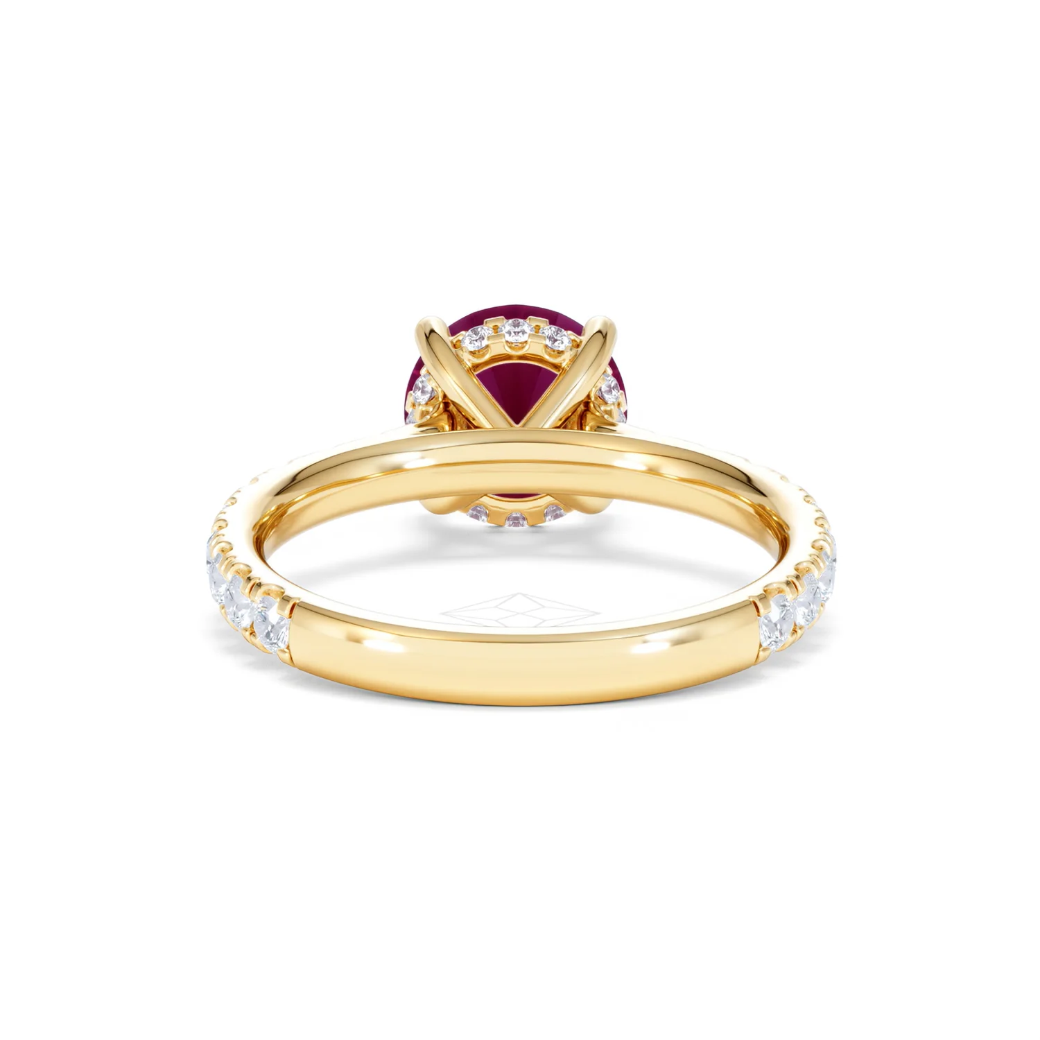 Amora 2.00ct Round Cut Lab Ruby Hidden Halo Engagement Ring with Side Stones in 18K Yellow Gold - Image 49