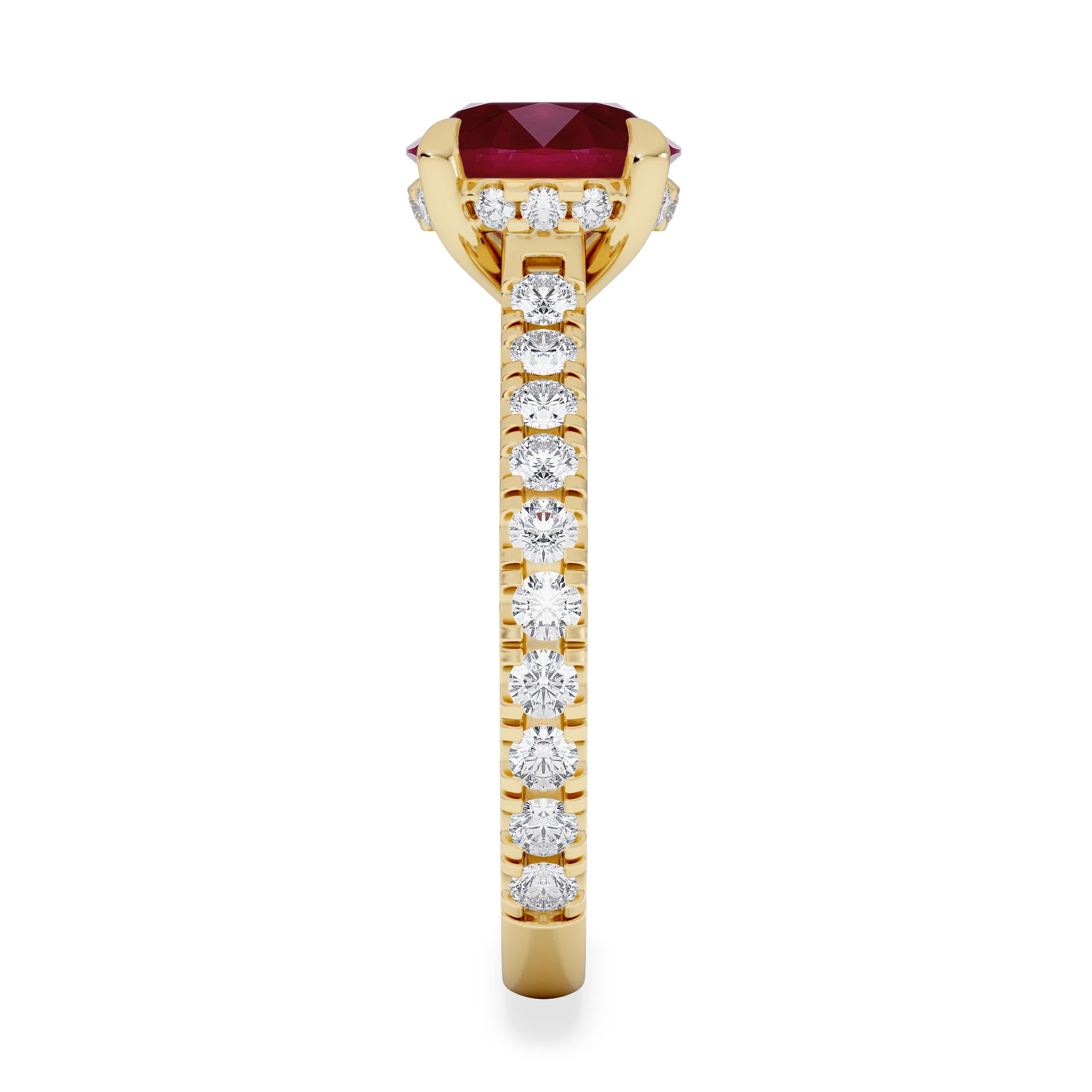 Amora 2.00ct Round Cut Lab Ruby Hidden Halo Engagement Ring with Side Stones in 18K Yellow Gold - Image 5