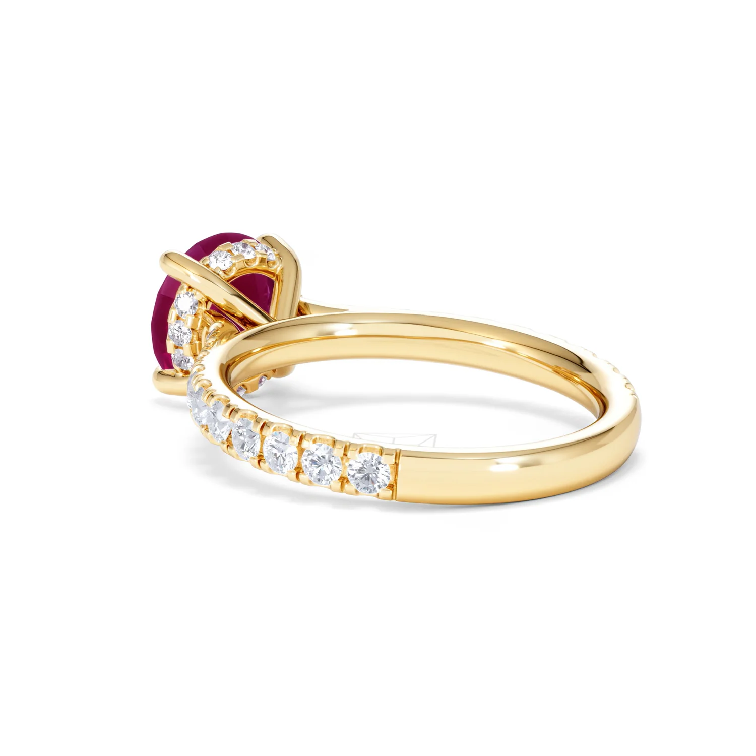Amora 2.00ct Round Cut Lab Ruby Hidden Halo Engagement Ring with Side Stones in 18K Yellow Gold - Image 58