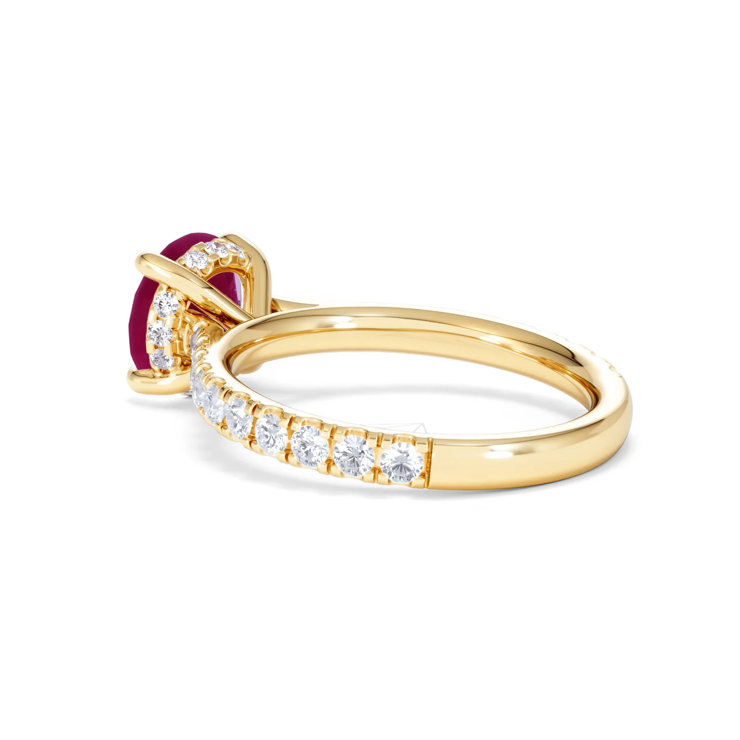 Amora 2.00ct Round Cut Lab Ruby Hidden Halo Engagement Ring with Side Stones in 18K Yellow Gold - Image 60