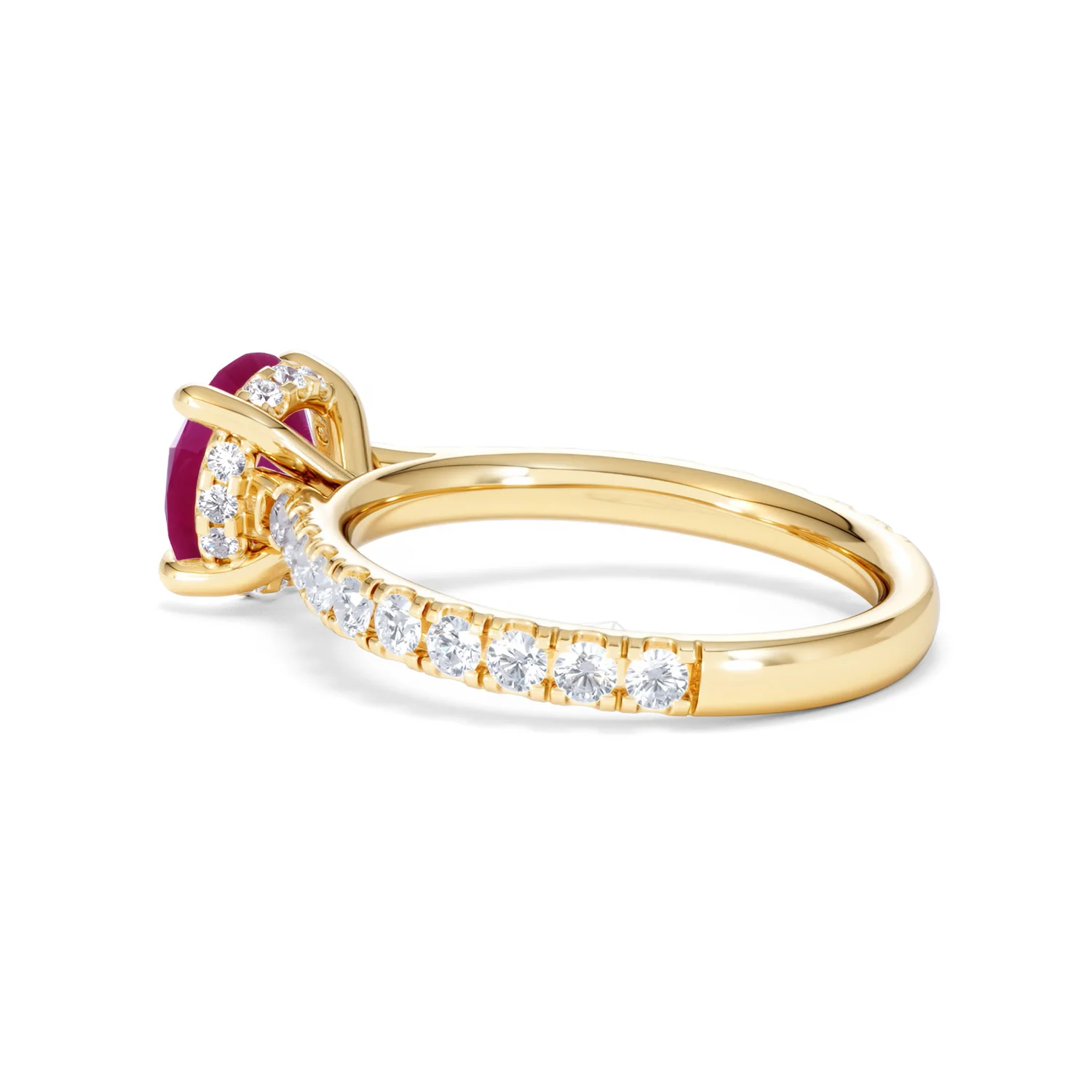 Amora 2.00ct Round Cut Lab Ruby Hidden Halo Engagement Ring with Side Stones in 18K Yellow Gold - Image 62
