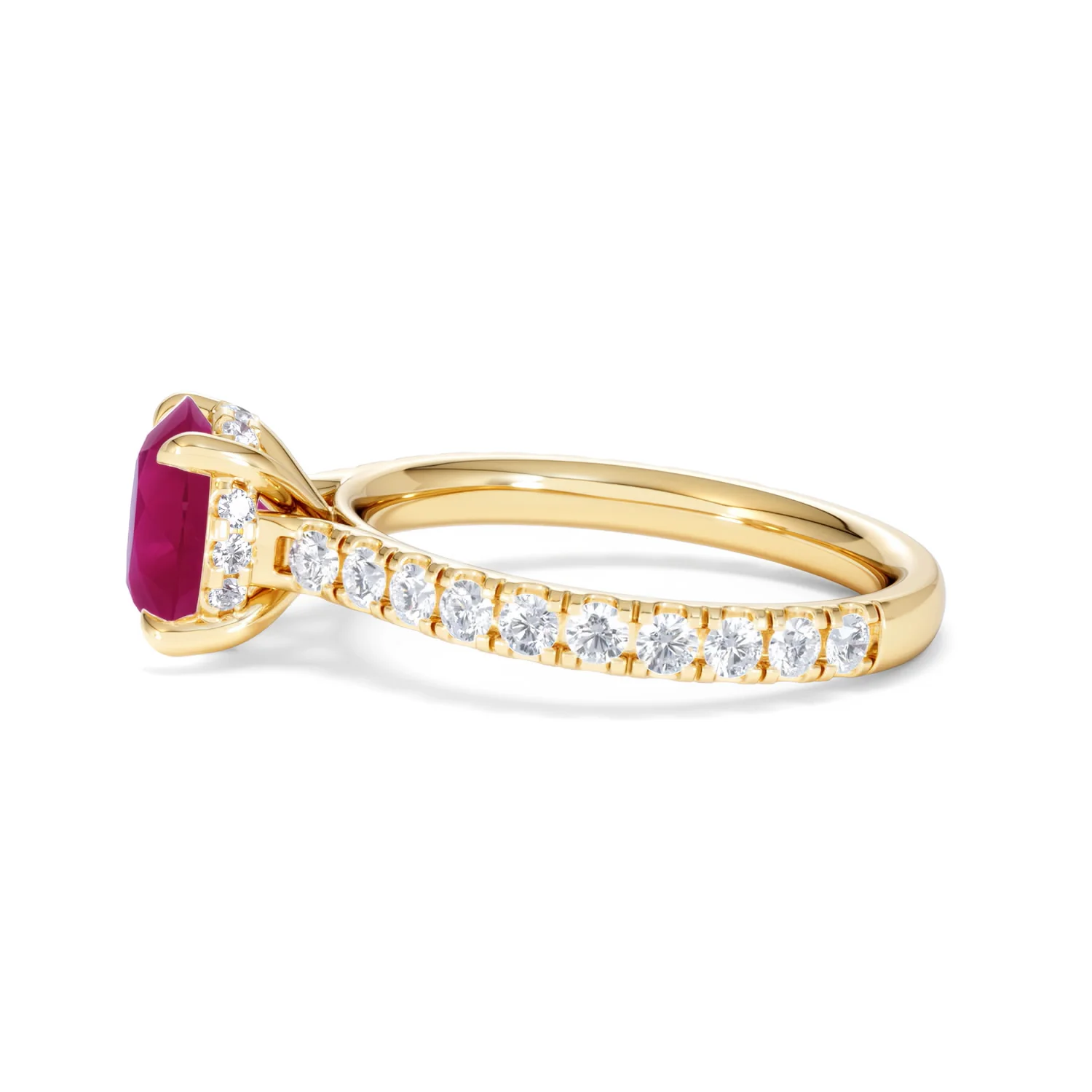 Amora 2.00ct Round Cut Lab Ruby Hidden Halo Engagement Ring with Side Stones in 18K Yellow Gold - Image 70