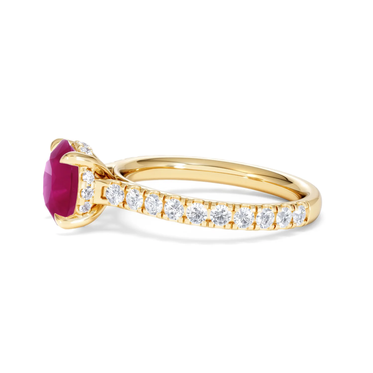 Amora 2.00ct Round Cut Lab Ruby Hidden Halo Engagement Ring with Side Stones in 18K Yellow Gold - Image 72