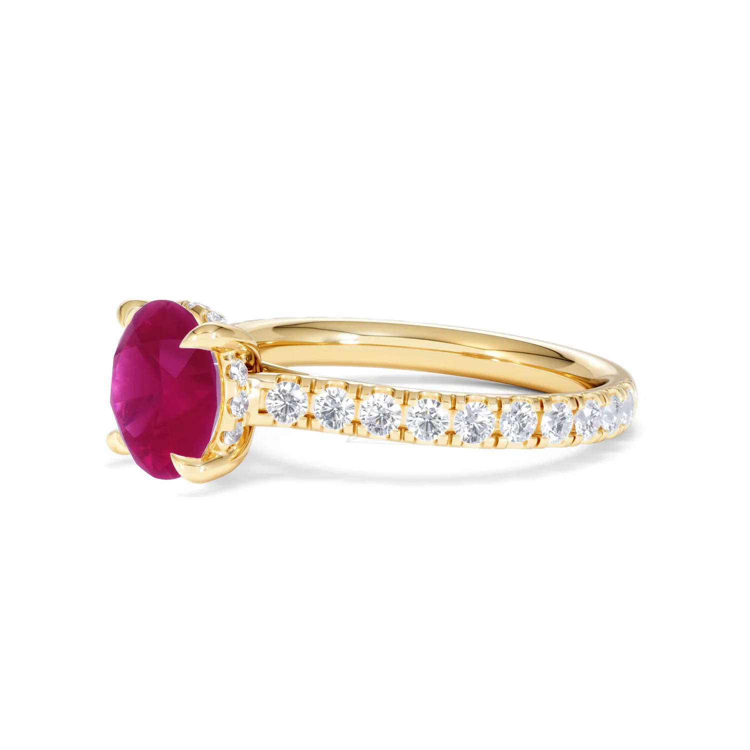 Amora 2.00ct Round Cut Lab Ruby Hidden Halo Engagement Ring with Side Stones in 18K Yellow Gold - Image 77