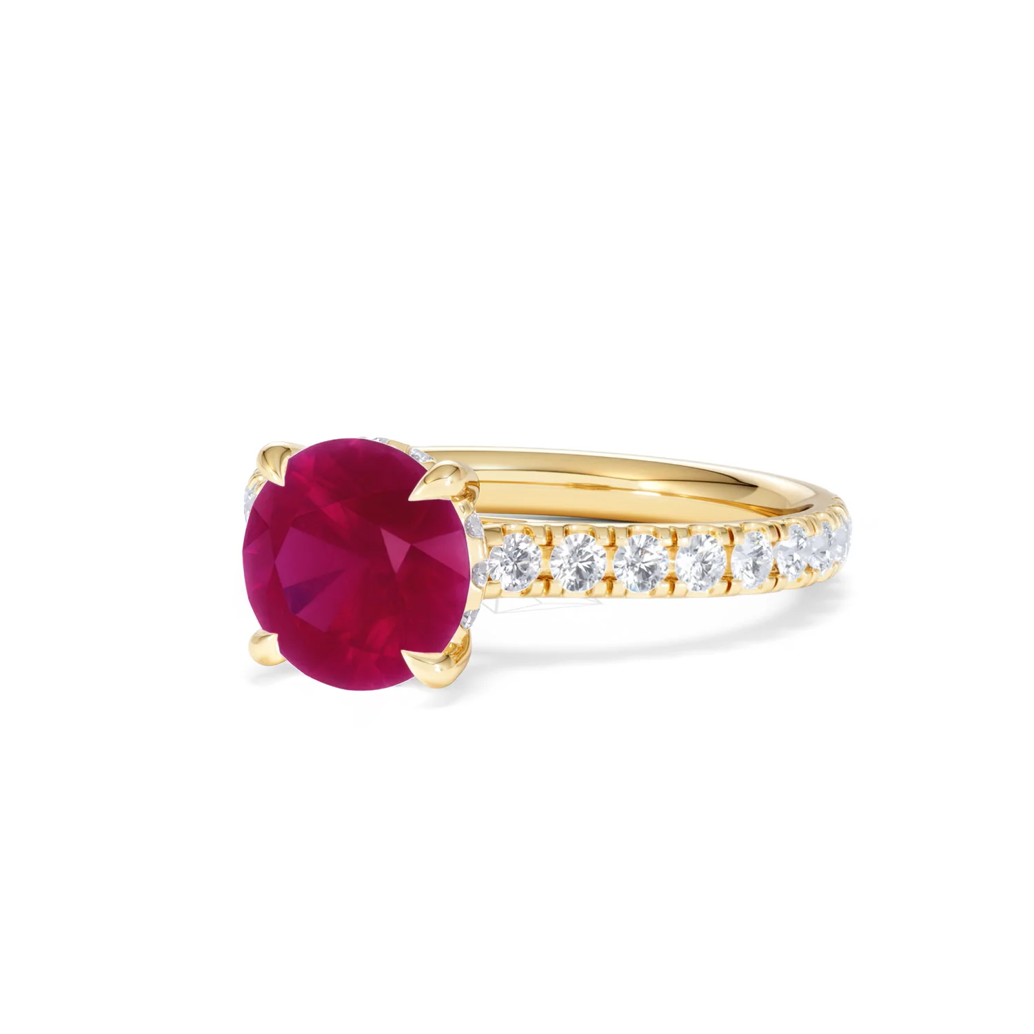 Amora 2.00ct Round Cut Lab Ruby Hidden Halo Engagement Ring with Side Stones in 18K Yellow Gold - Image 83