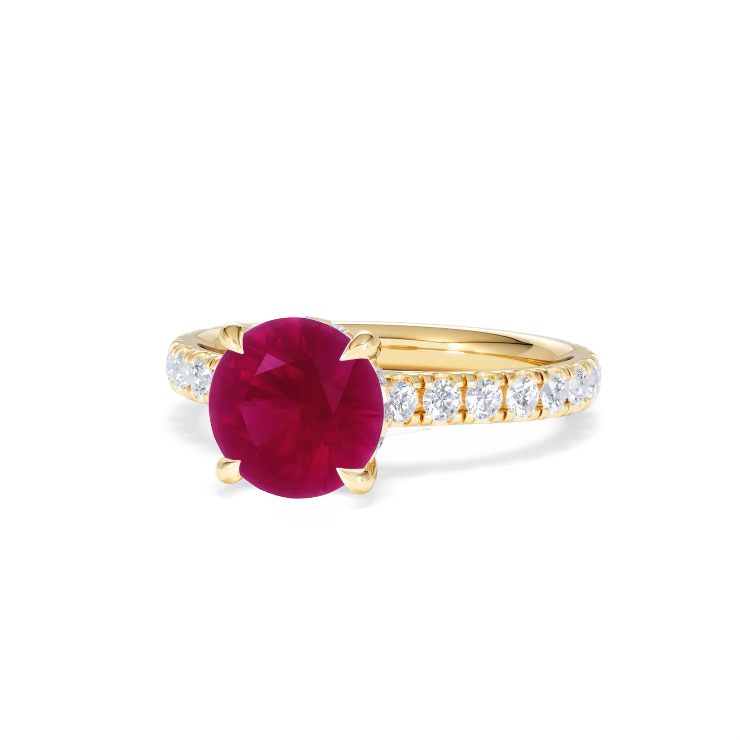 Amora 2.00ct Round Cut Lab Ruby Hidden Halo Engagement Ring with Side Stones in 18K Yellow Gold - Image 85