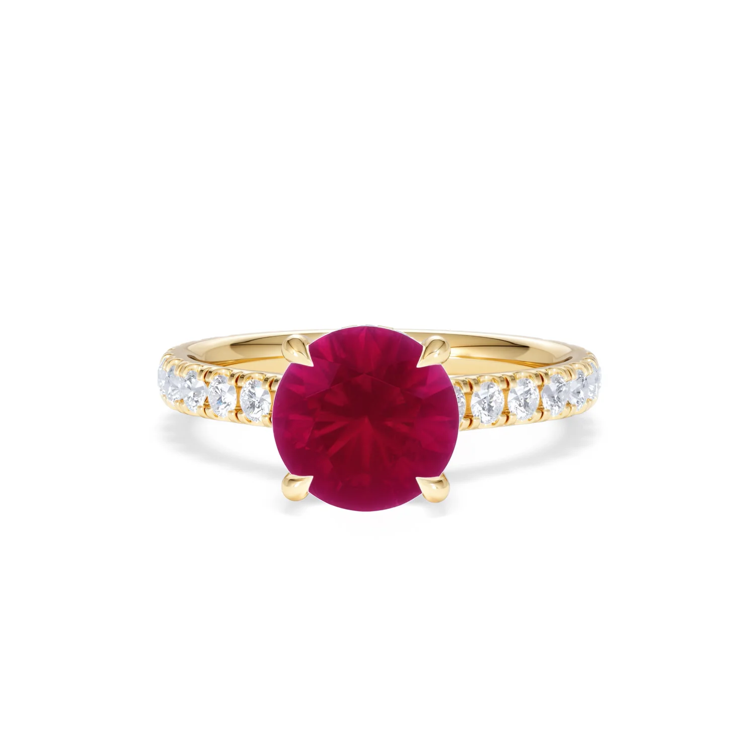 Amora 2.00ct Round Cut Lab Ruby Hidden Halo Engagement Ring with Side Stones in 18K Yellow Gold - Image 88