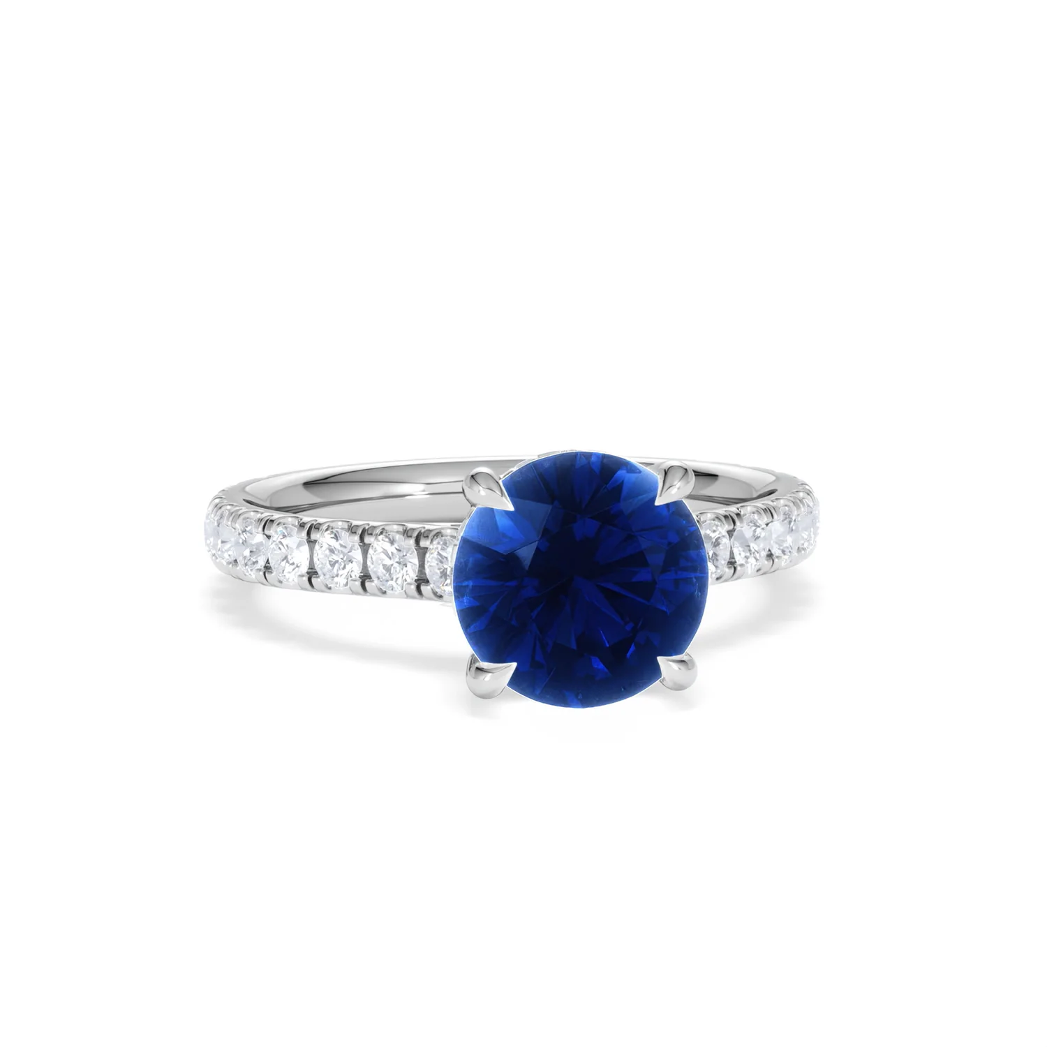 Amora 2.00ct Round Cut Lab Sapphire Hidden Halo Engagement Ring with Side Stones in 18K White Gold - Image 11