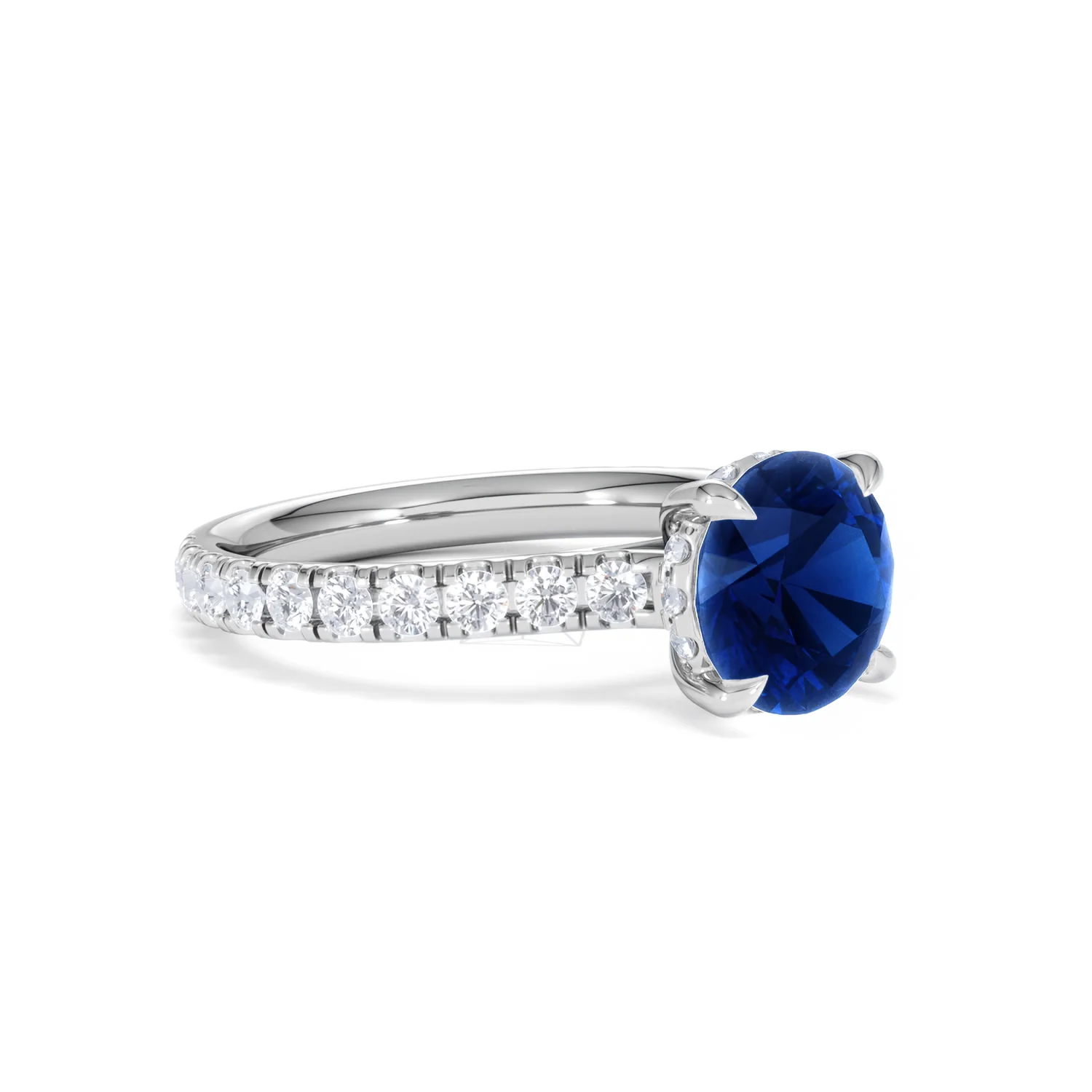 Amora 2.00ct Round Cut Lab Sapphire Hidden Halo Engagement Ring with Side Stones in 18K White Gold - Image 18