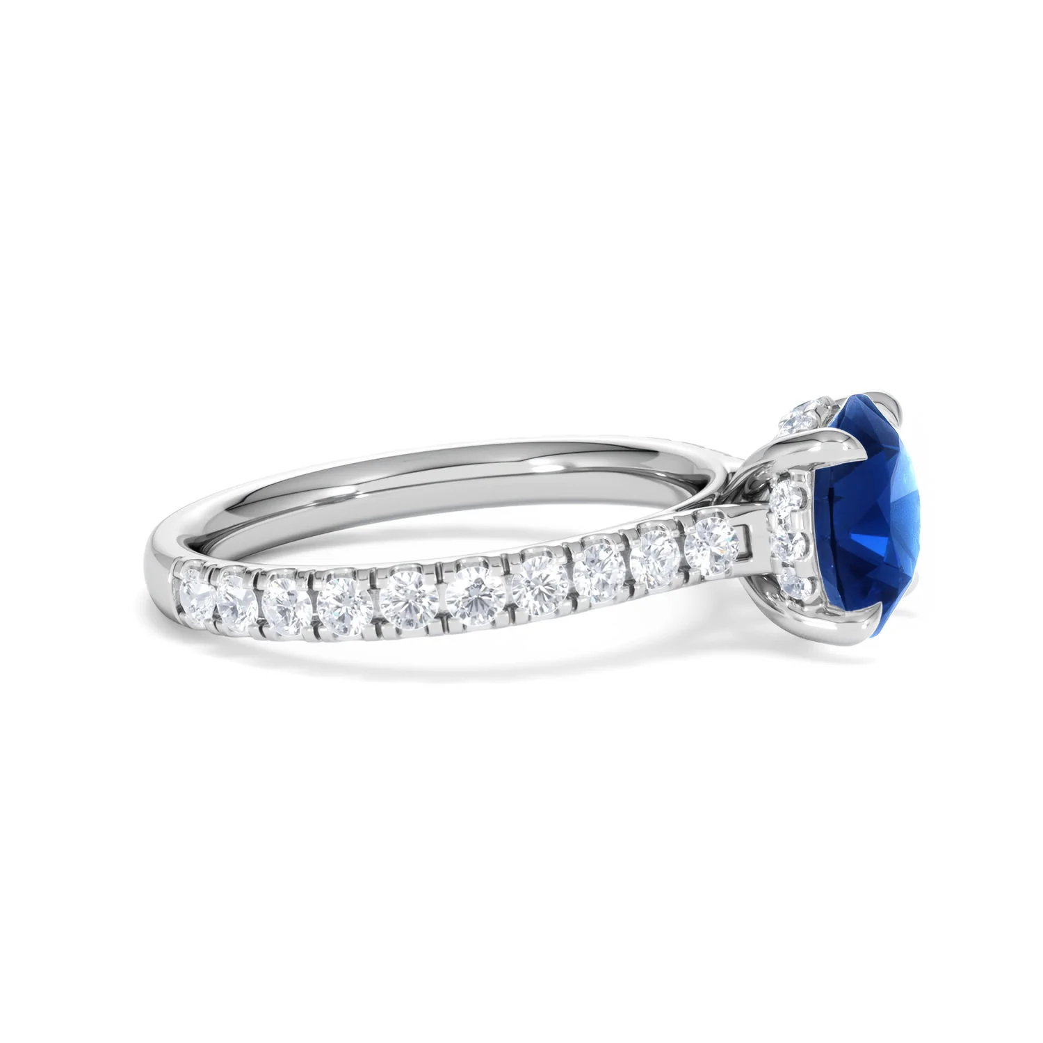 Amora 2.00ct Round Cut Lab Sapphire Hidden Halo Engagement Ring with Side Stones in 18K White Gold - Image 25
