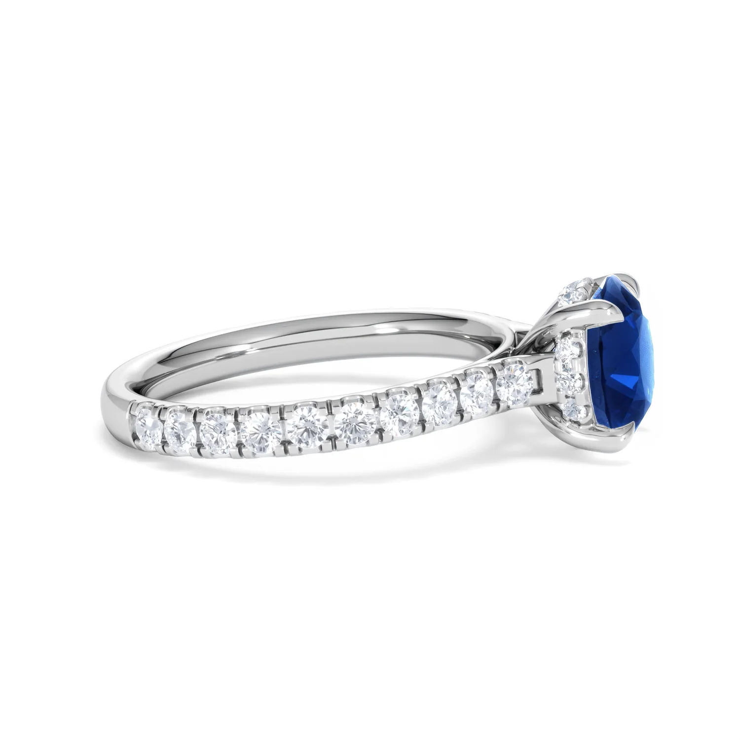 Amora 2.00ct Round Cut Lab Sapphire Hidden Halo Engagement Ring with Side Stones in 18K White Gold - Image 26
