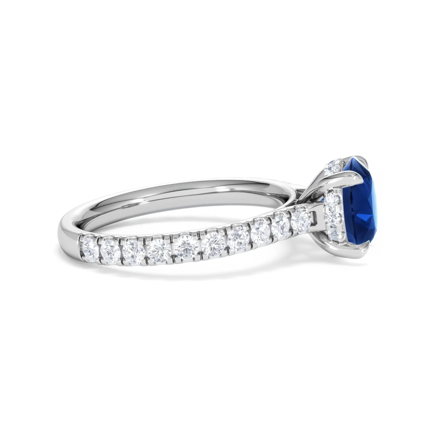 Amora 2.00ct Round Cut Lab Sapphire Hidden Halo Engagement Ring with Side Stones in 18K White Gold - Image 27
