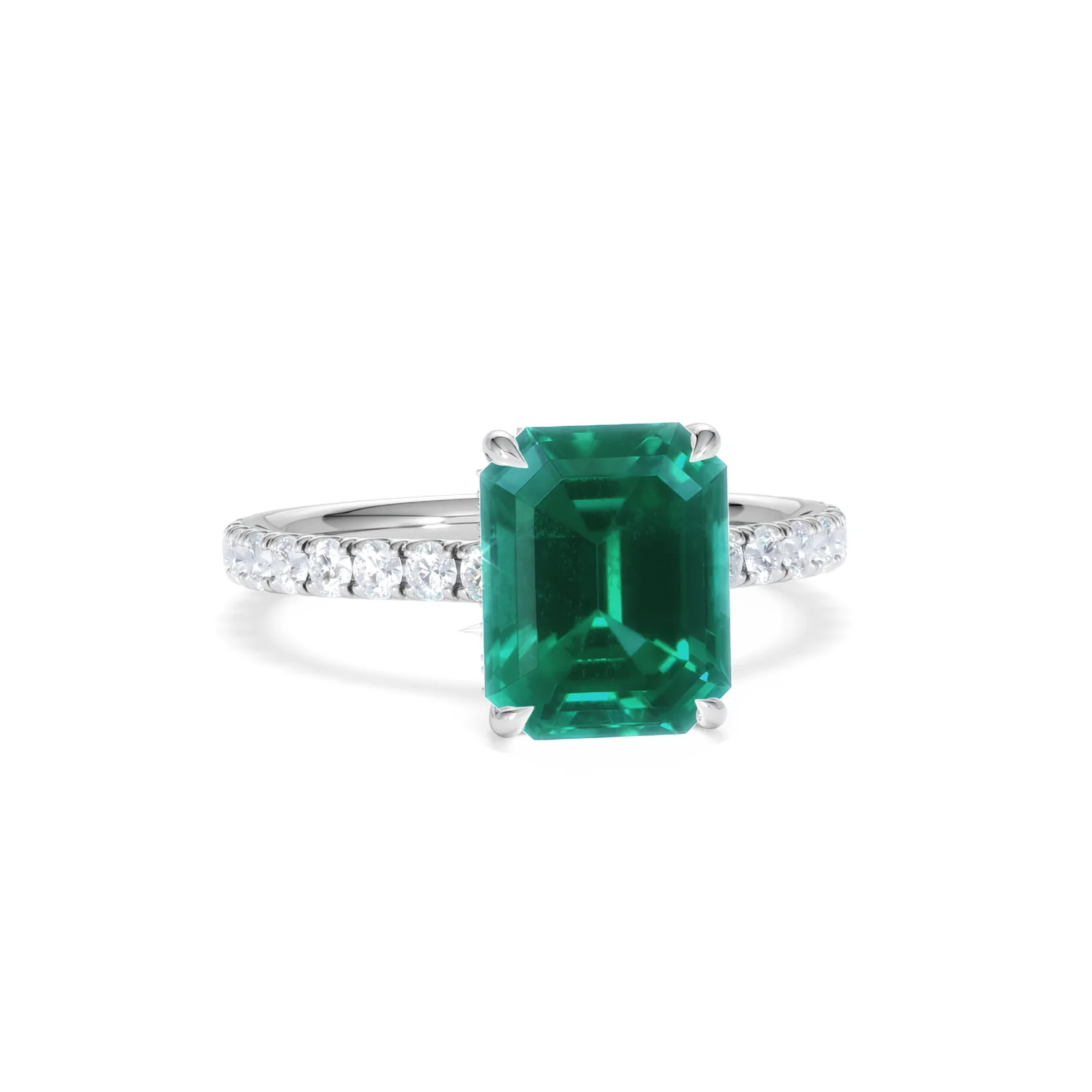 Amora 2.50ct Emerald Cut Lab Emerald Hidden Halo Engagement Ring with Side Stones in 18K White Gold - Image 11