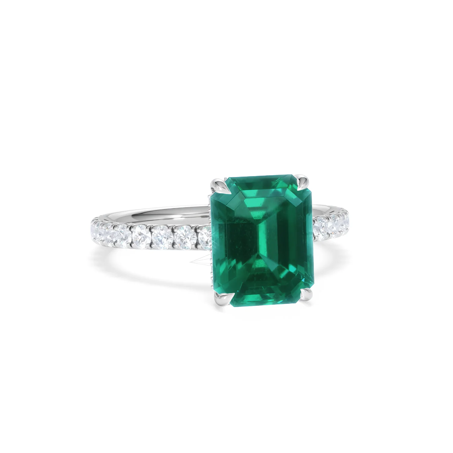Amora 2.50ct Emerald Cut Lab Emerald Hidden Halo Engagement Ring with Side Stones in 18K White Gold - Image 12