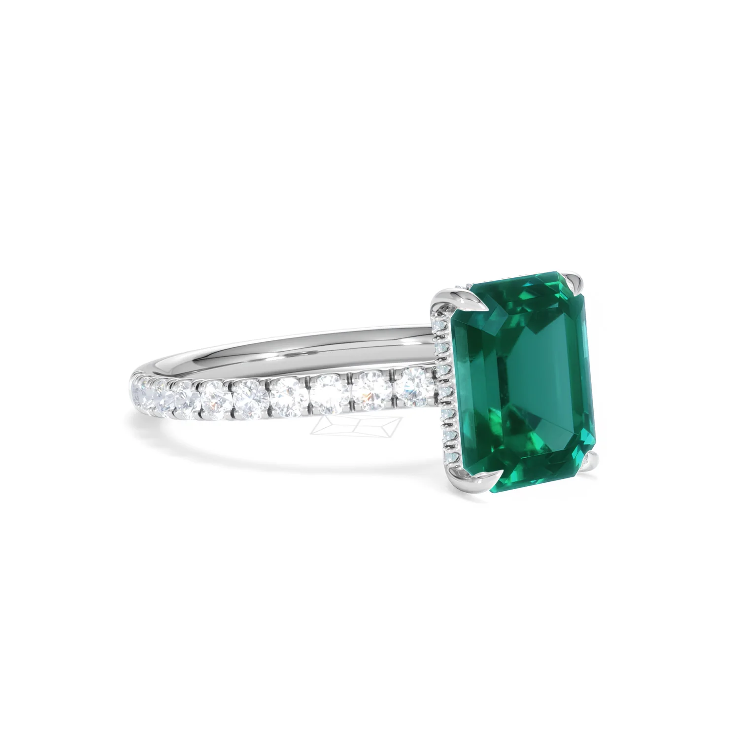 Amora 2.50ct Emerald Cut Lab Emerald Hidden Halo Engagement Ring with Side Stones in 18K White Gold - Image 17