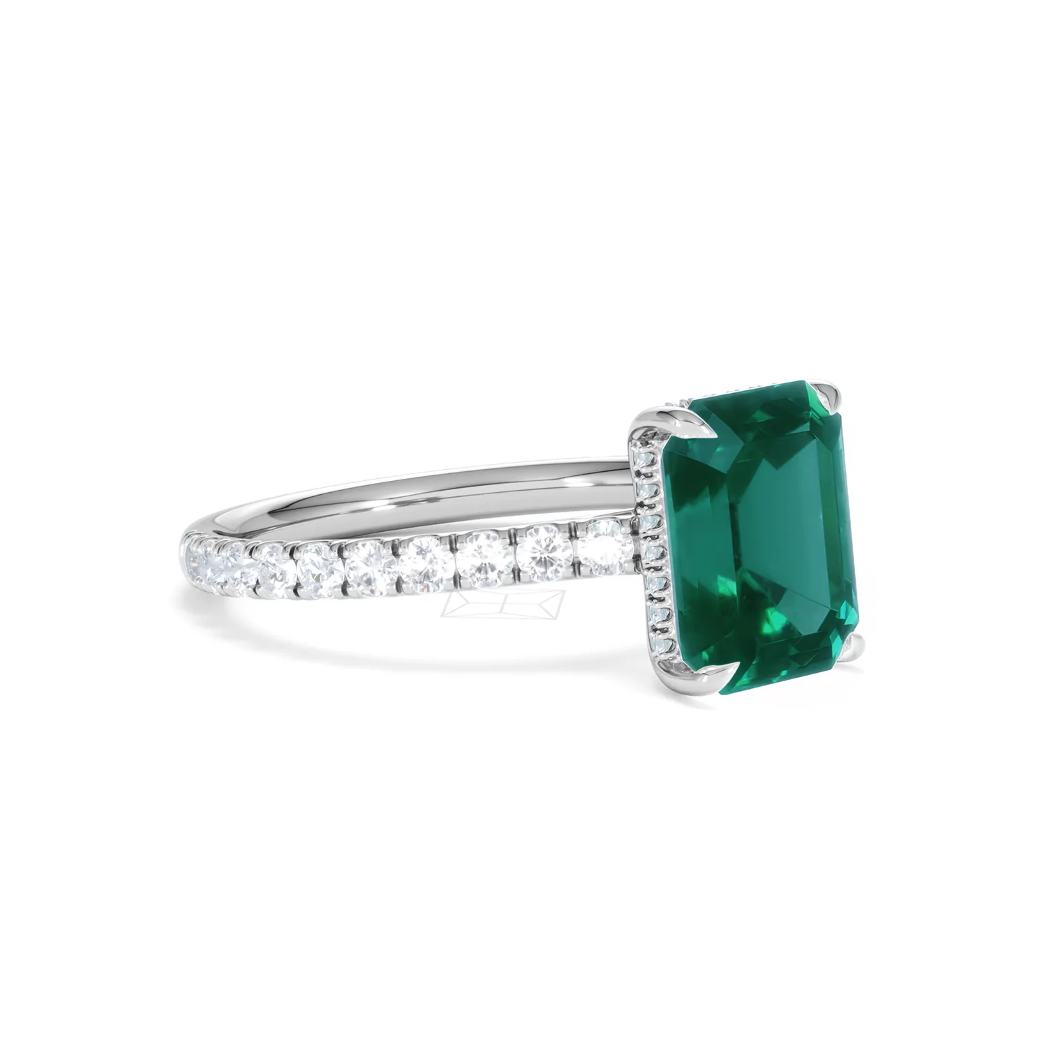 Amora 2.50ct Emerald Cut Lab Emerald Hidden Halo Engagement Ring with Side Stones in 18K White Gold - Image 18