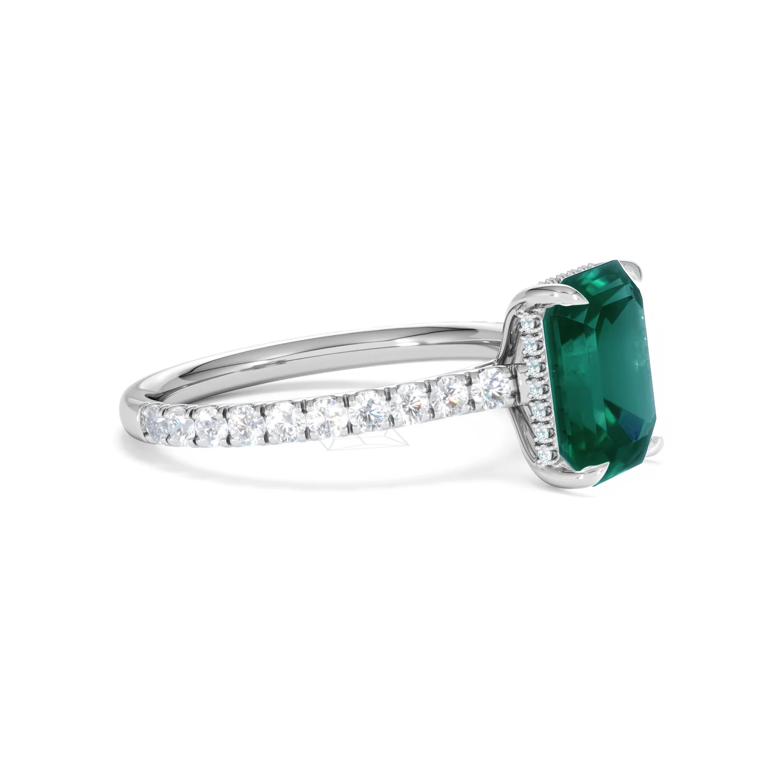 Amora 2.50ct Emerald Cut Lab Emerald Hidden Halo Engagement Ring with Side Stones in 18K White Gold - Image 22