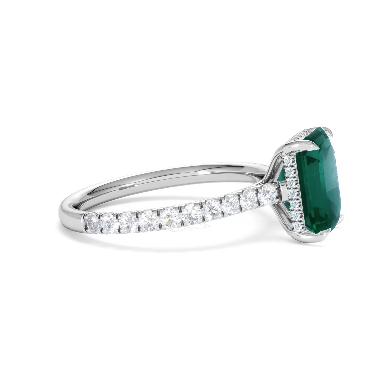 Amora 2.50ct Emerald Cut Lab Emerald Hidden Halo Engagement Ring with Side Stones in 18K White Gold - Image 25