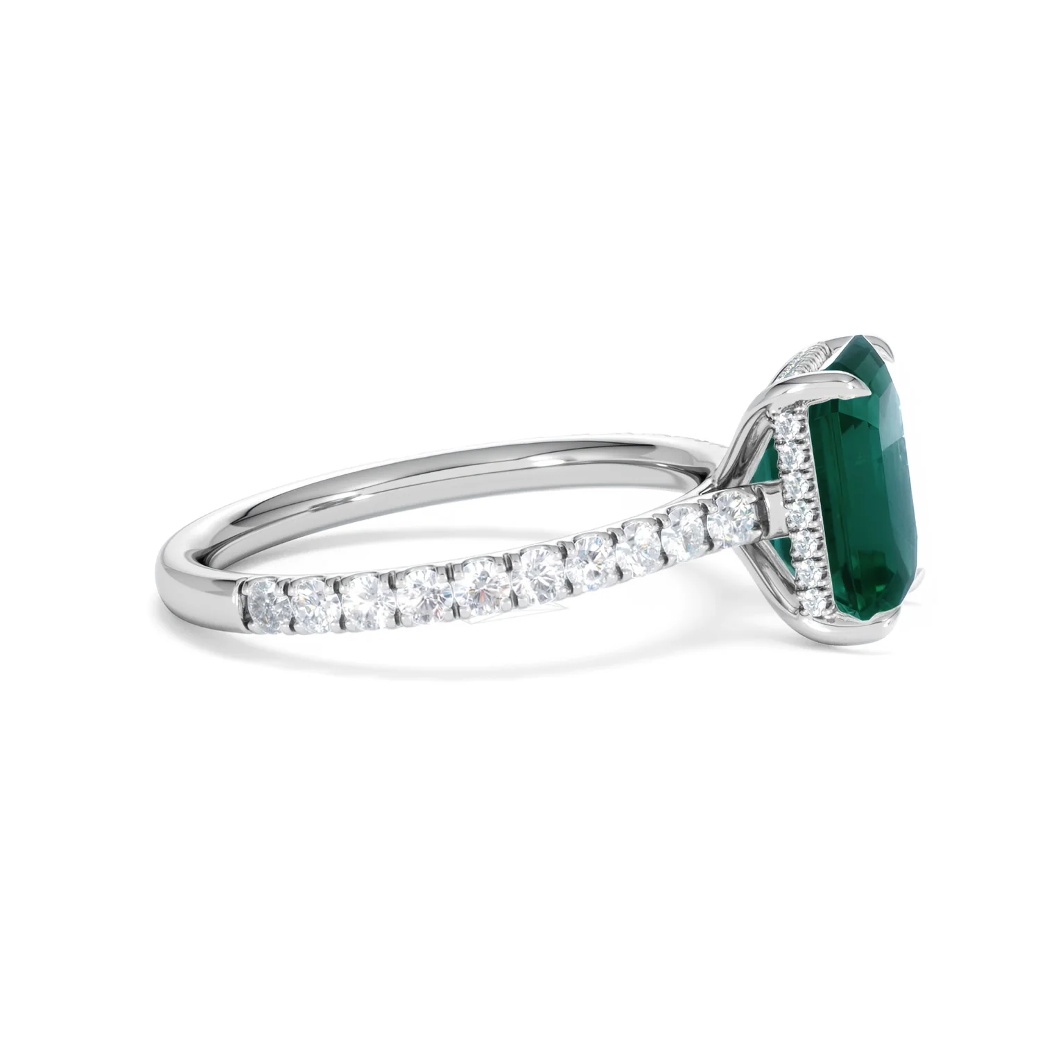 Amora 2.50ct Emerald Cut Lab Emerald Hidden Halo Engagement Ring with Side Stones in 18K White Gold - Image 26