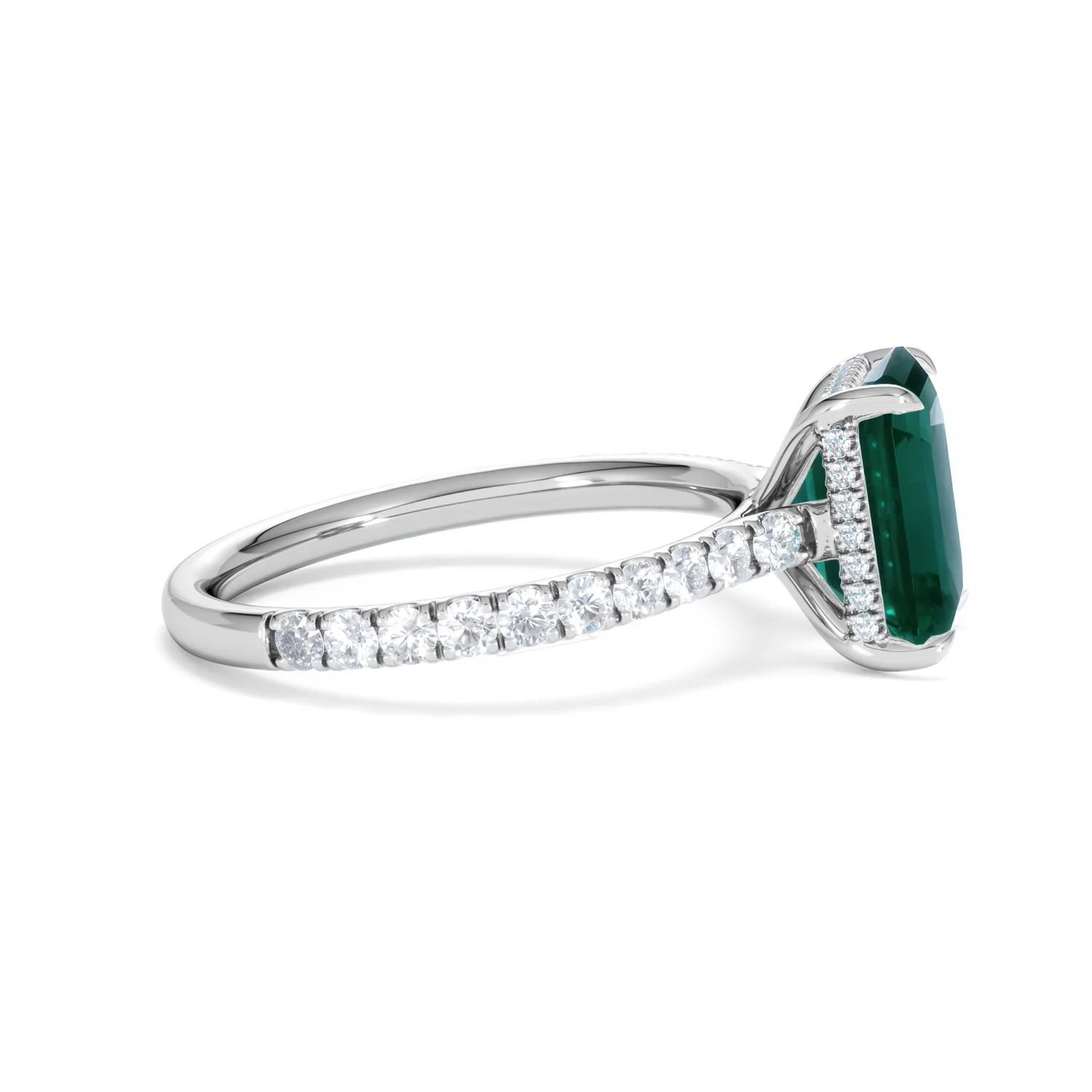 Amora 2.50ct Emerald Cut Lab Emerald Hidden Halo Engagement Ring with Side Stones in 18K White Gold - Image 27