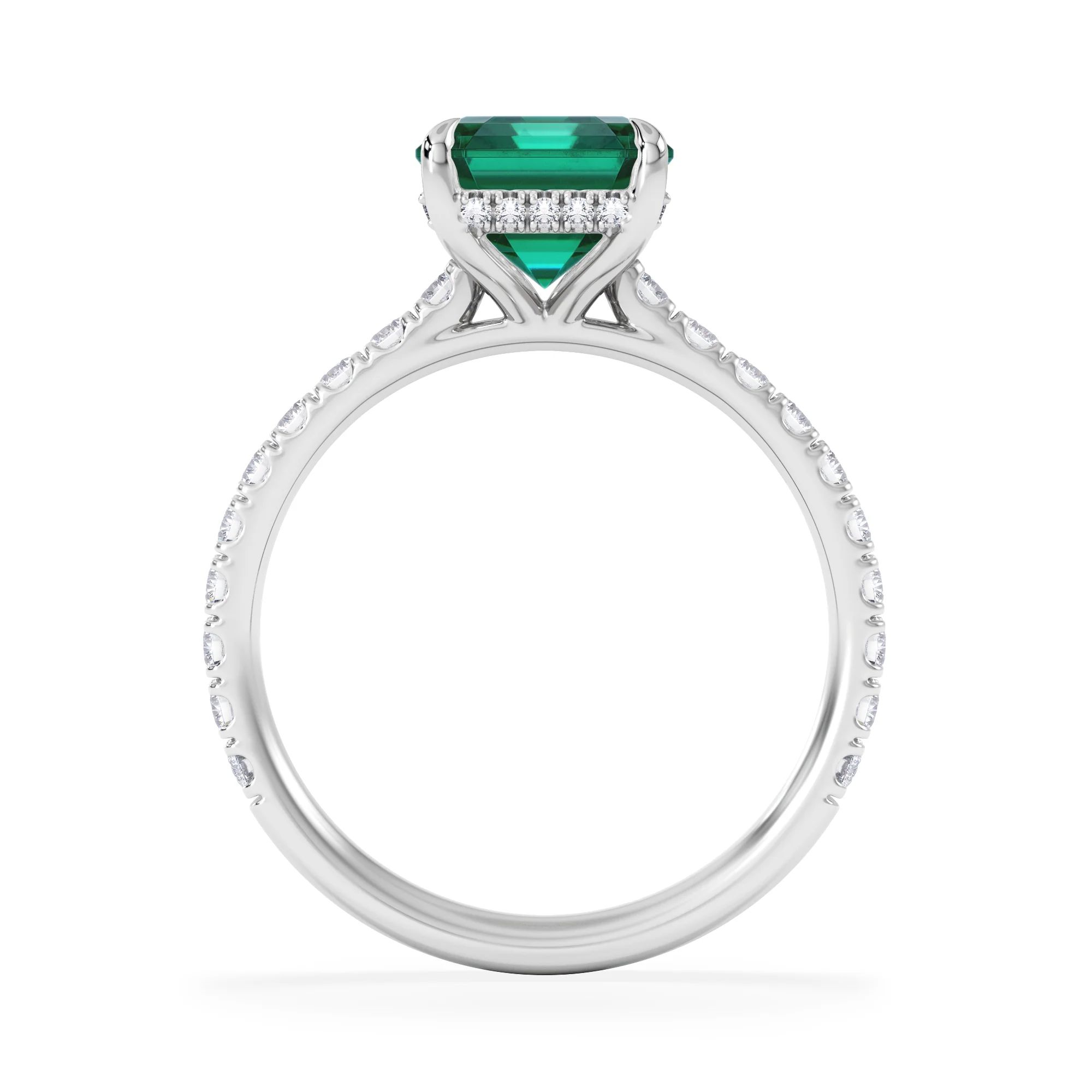 Amora 2.50ct Emerald Cut Lab Emerald Hidden Halo Engagement Ring with Side Stones in 18K White Gold - Image 3