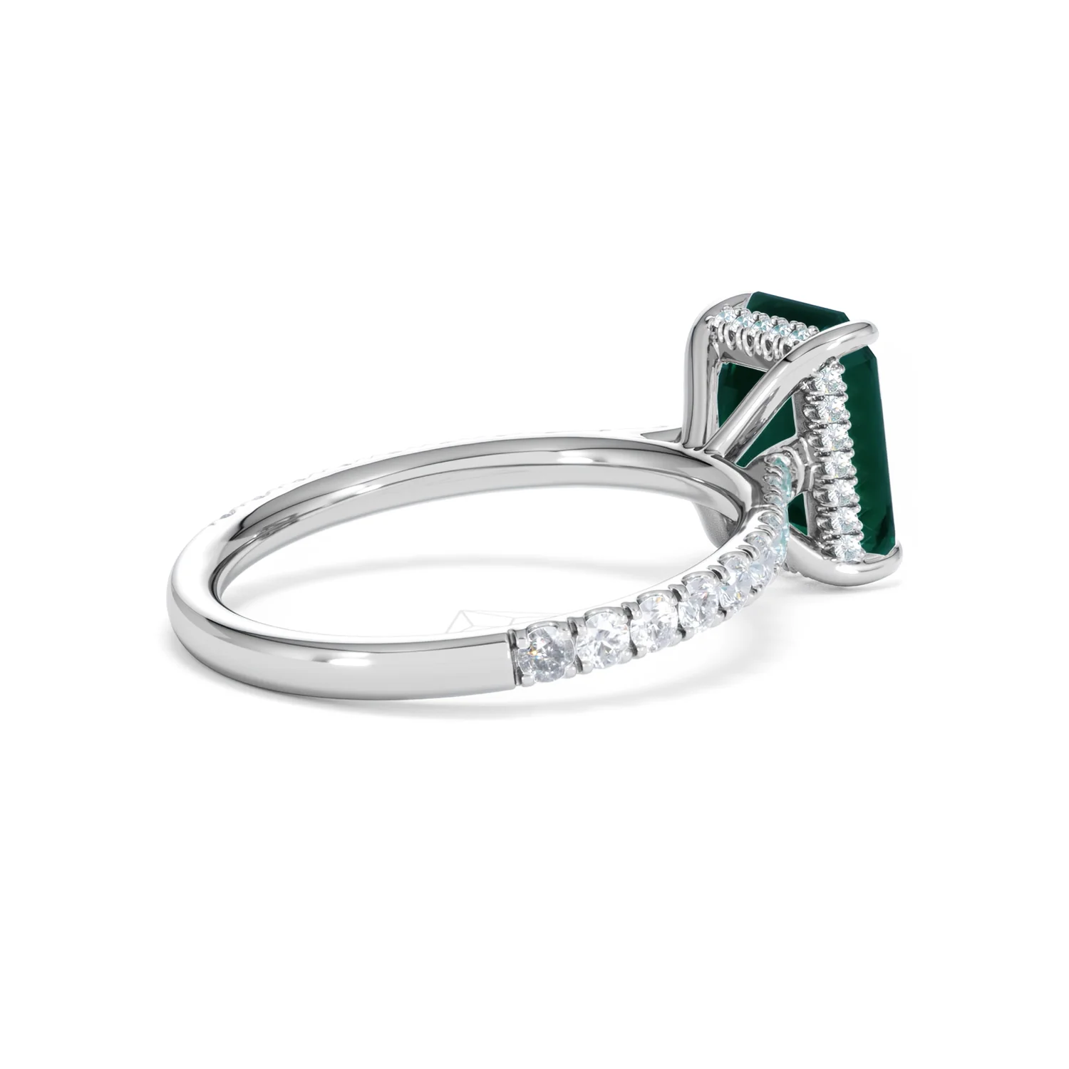 Amora 2.50ct Emerald Cut Lab Emerald Hidden Halo Engagement Ring with Side Stones in 18K White Gold - Image 37