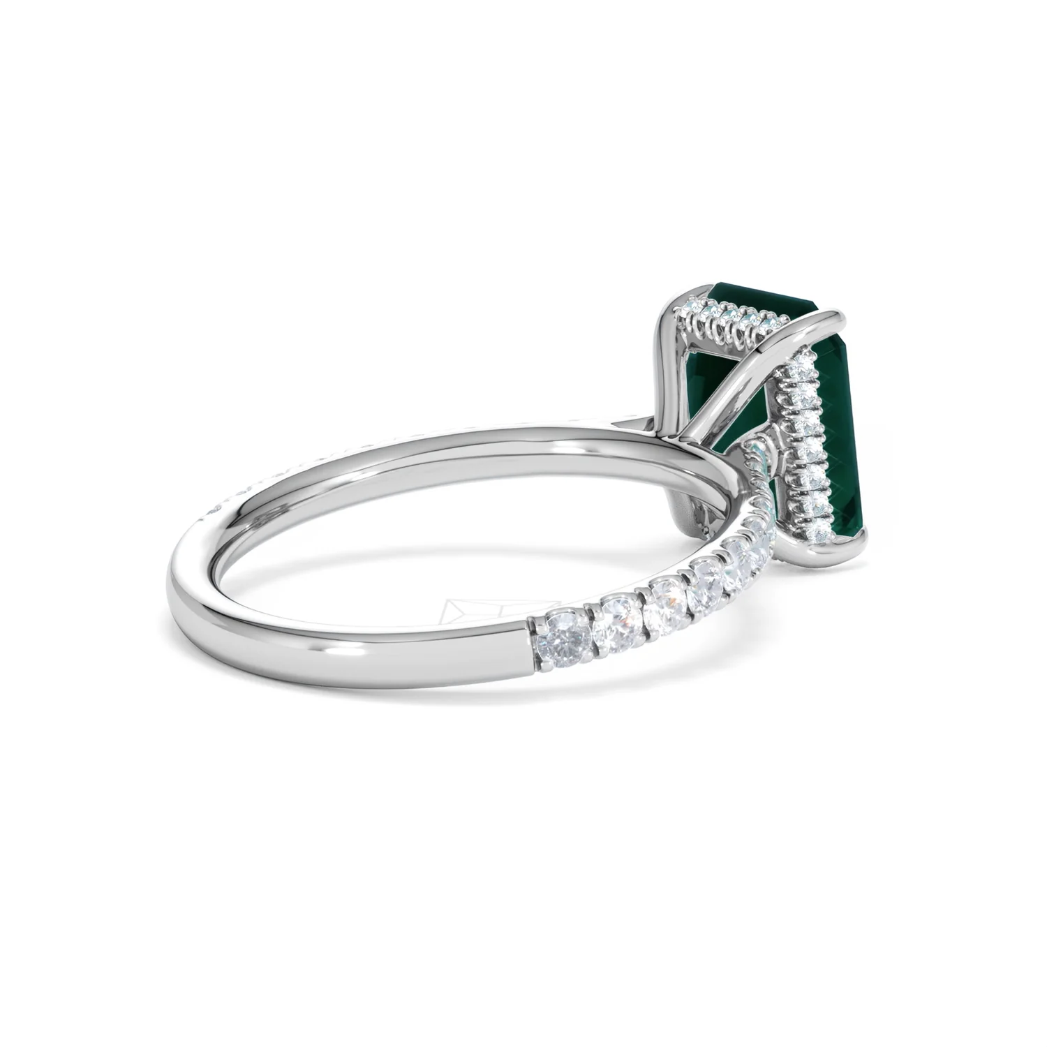 Amora 2.50ct Emerald Cut Lab Emerald Hidden Halo Engagement Ring with Side Stones in 18K White Gold - Image 38
