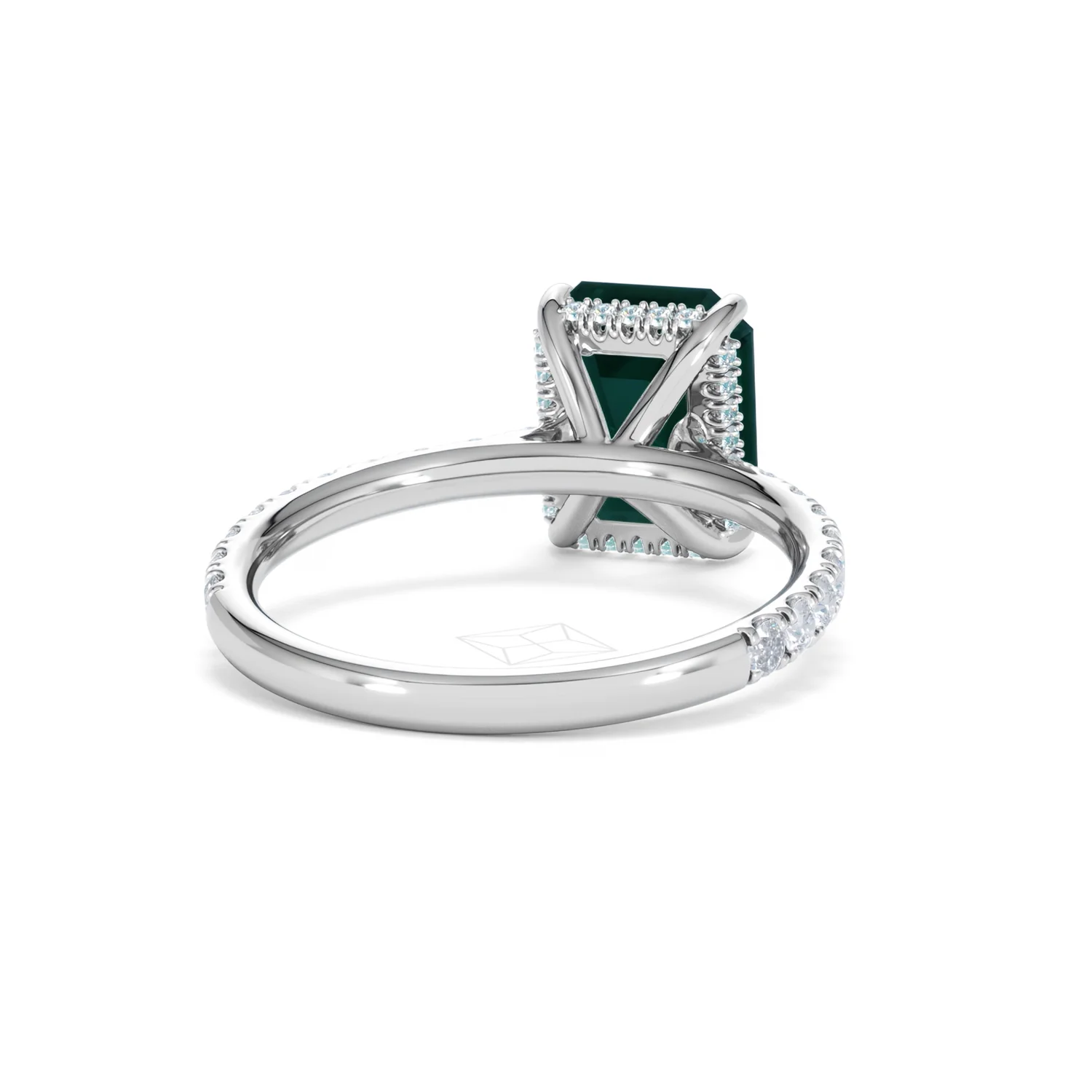 Amora 2.50ct Emerald Cut Lab Emerald Hidden Halo Engagement Ring with Side Stones in 18K White Gold - Image 45
