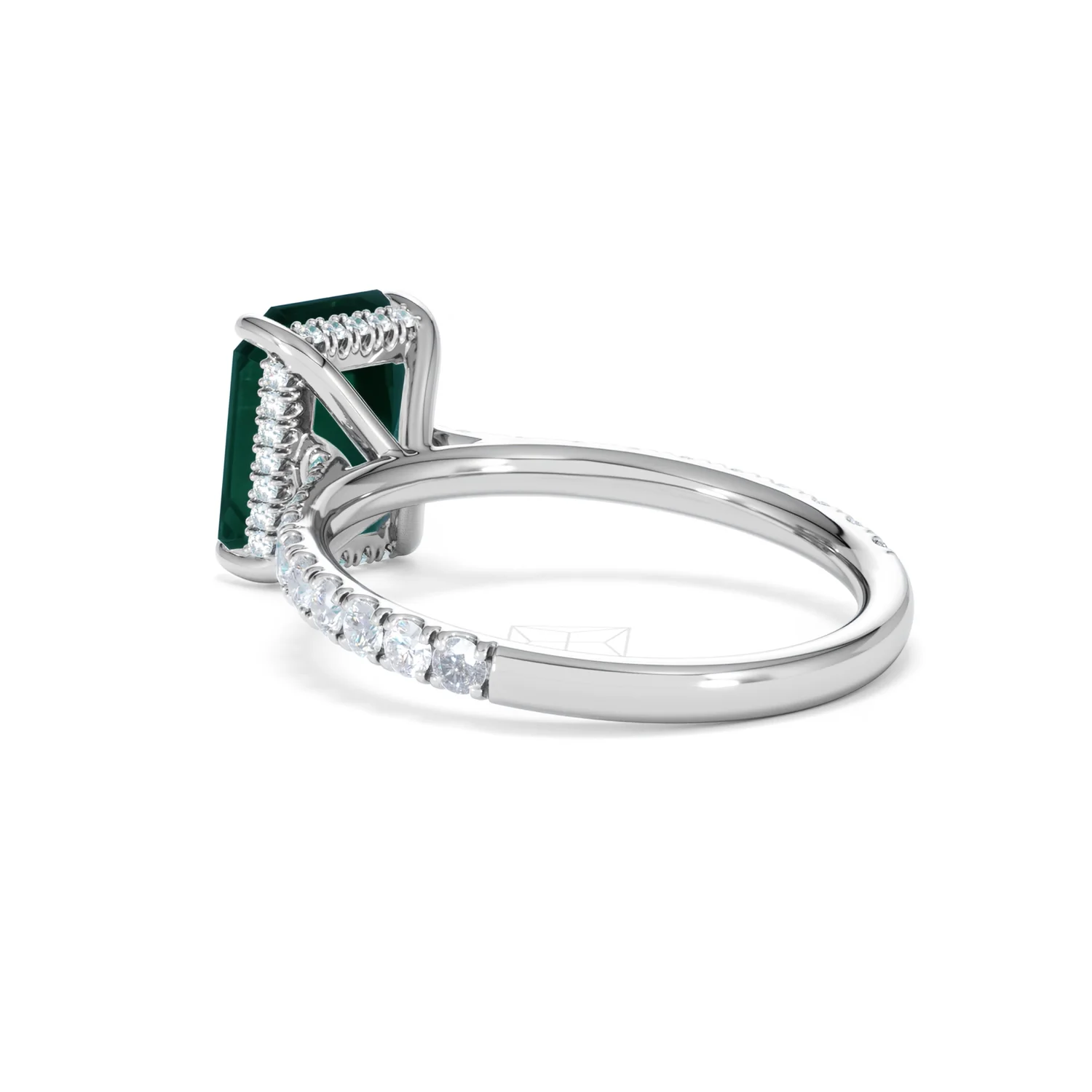 Amora 2.50ct Emerald Cut Lab Emerald Hidden Halo Engagement Ring with Side Stones in 18K White Gold - Image 58