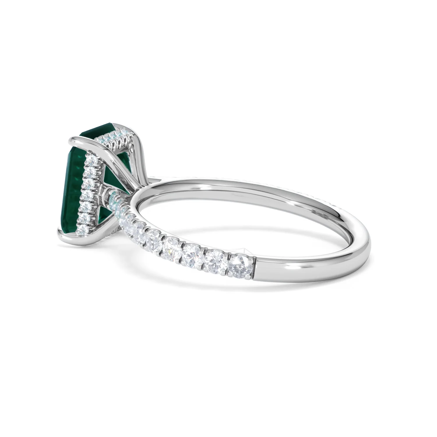 Amora 2.50ct Emerald Cut Lab Emerald Hidden Halo Engagement Ring with Side Stones in 18K White Gold - Image 63