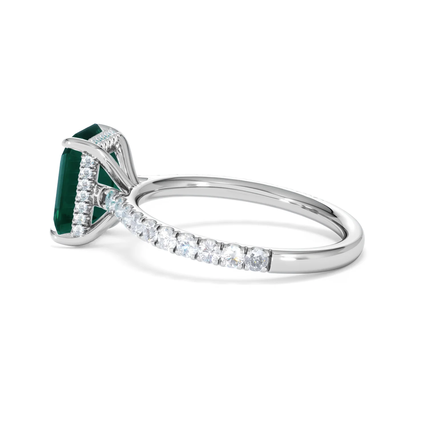 Amora 2.50ct Emerald Cut Lab Emerald Hidden Halo Engagement Ring with Side Stones in 18K White Gold - Image 65