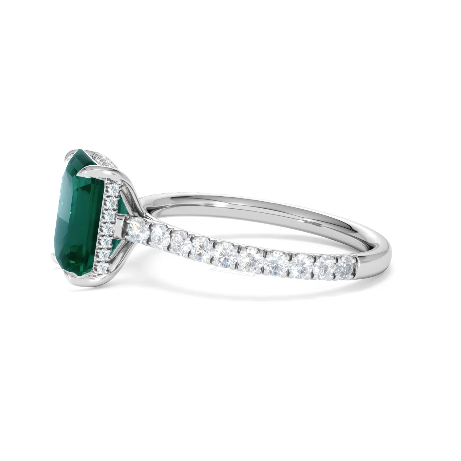 Amora 2.50ct Emerald Cut Lab Emerald Hidden Halo Engagement Ring with Side Stones in 18K White Gold - Image 72