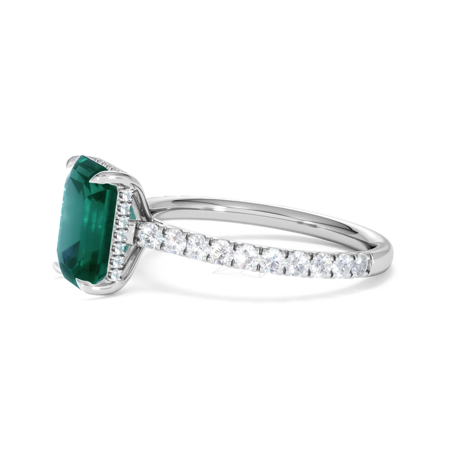 Amora 2.50ct Emerald Cut Lab Emerald Hidden Halo Engagement Ring with Side Stones in 18K White Gold - Image 74
