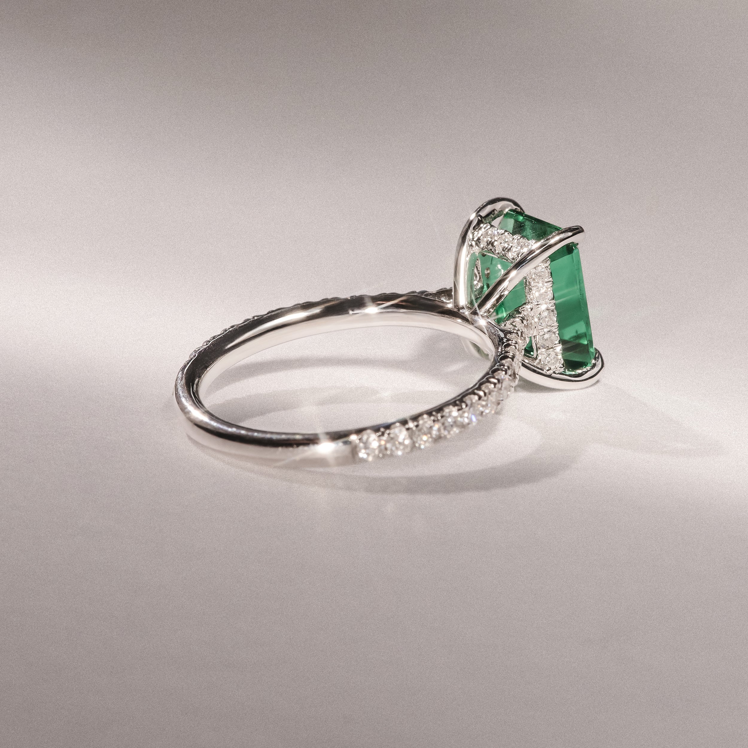 Amora 2.50ct Emerald Cut Lab Emerald Hidden Halo Engagement Ring with Side Stones in 18K White Gold - Image 8