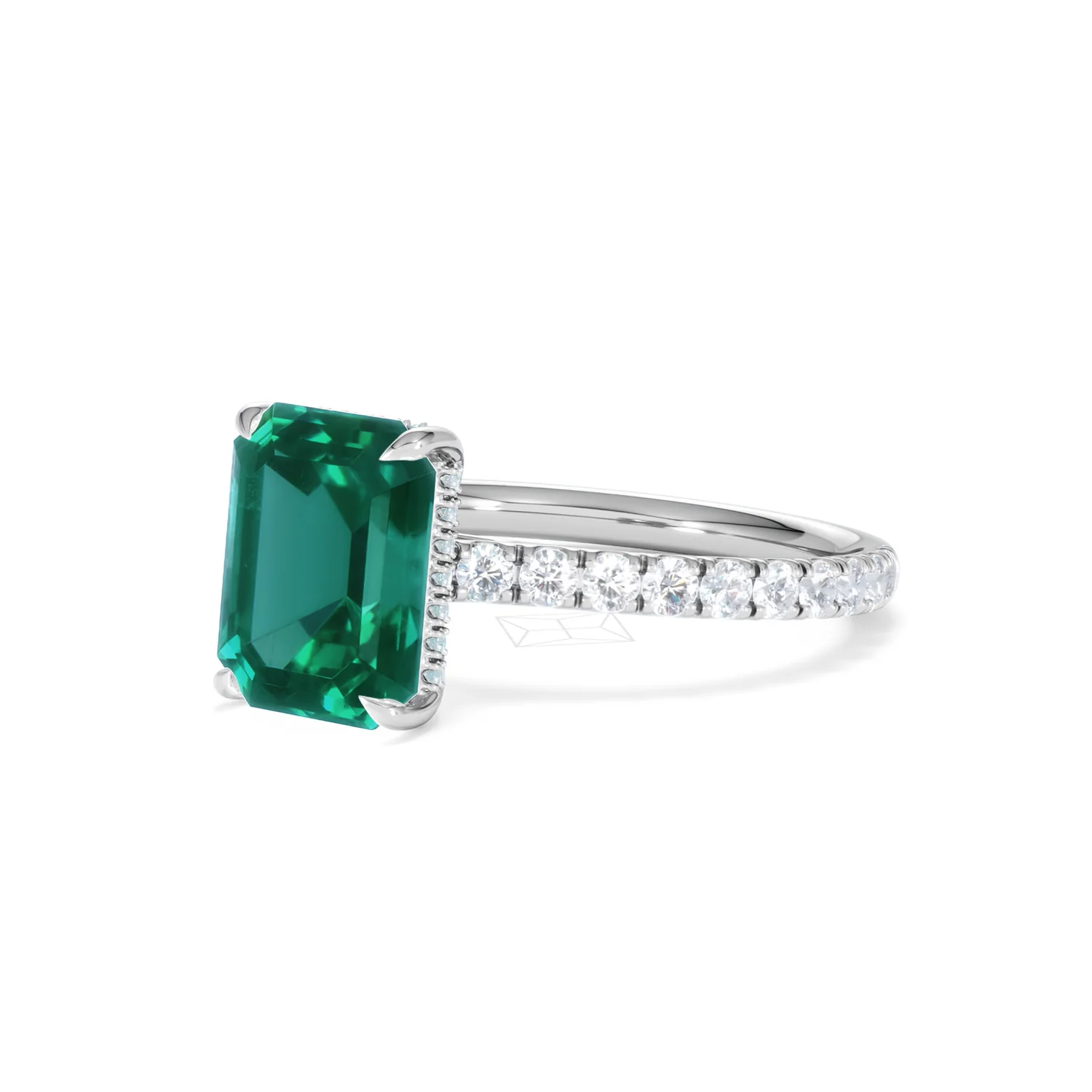 Amora 2.50ct Emerald Cut Lab Emerald Hidden Halo Engagement Ring with Side Stones in 18K White Gold - Image 81