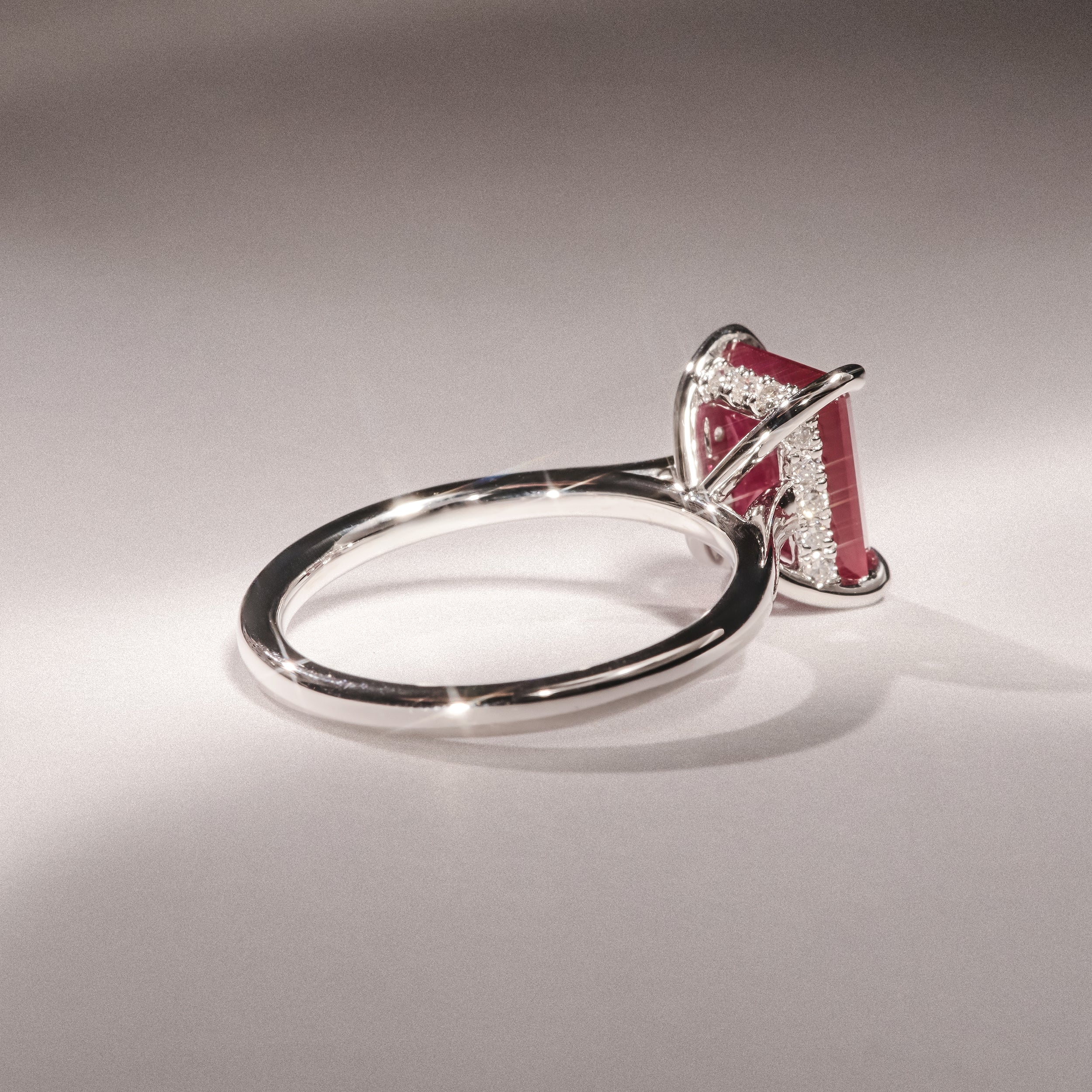 Amora 2.50ct Emerald Cut Lab Ruby Hidden Halo Engagement Ring in 18K White Gold - Image 8
