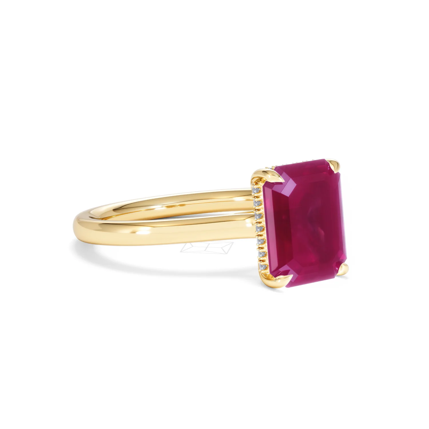Amora 2.50ct Emerald Cut Lab Ruby Hidden Halo Engagement Ring in 18K Yellow Gold - Image 17