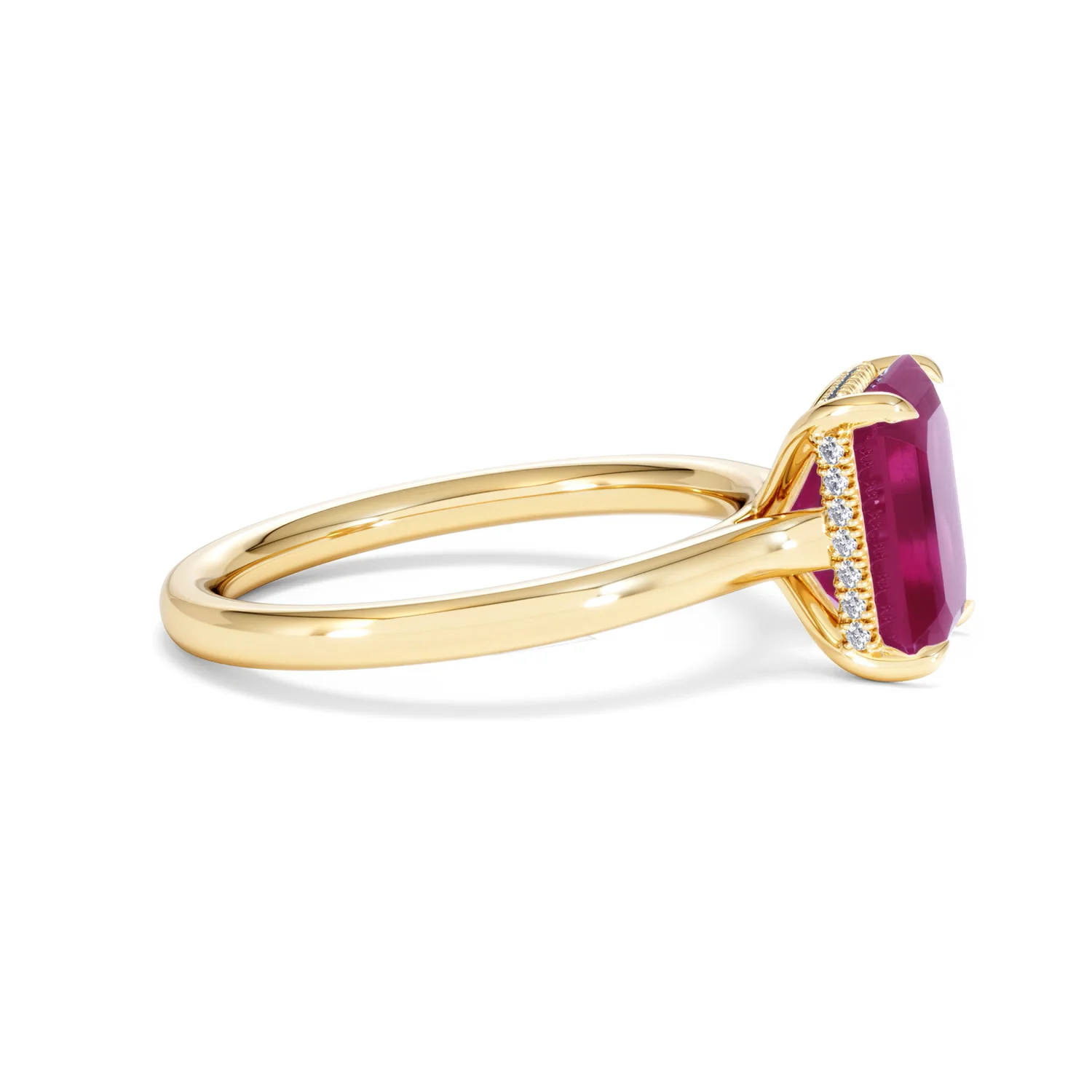 Amora 2.50ct Emerald Cut Lab Ruby Hidden Halo Engagement Ring in 18K Yellow Gold - Image 26