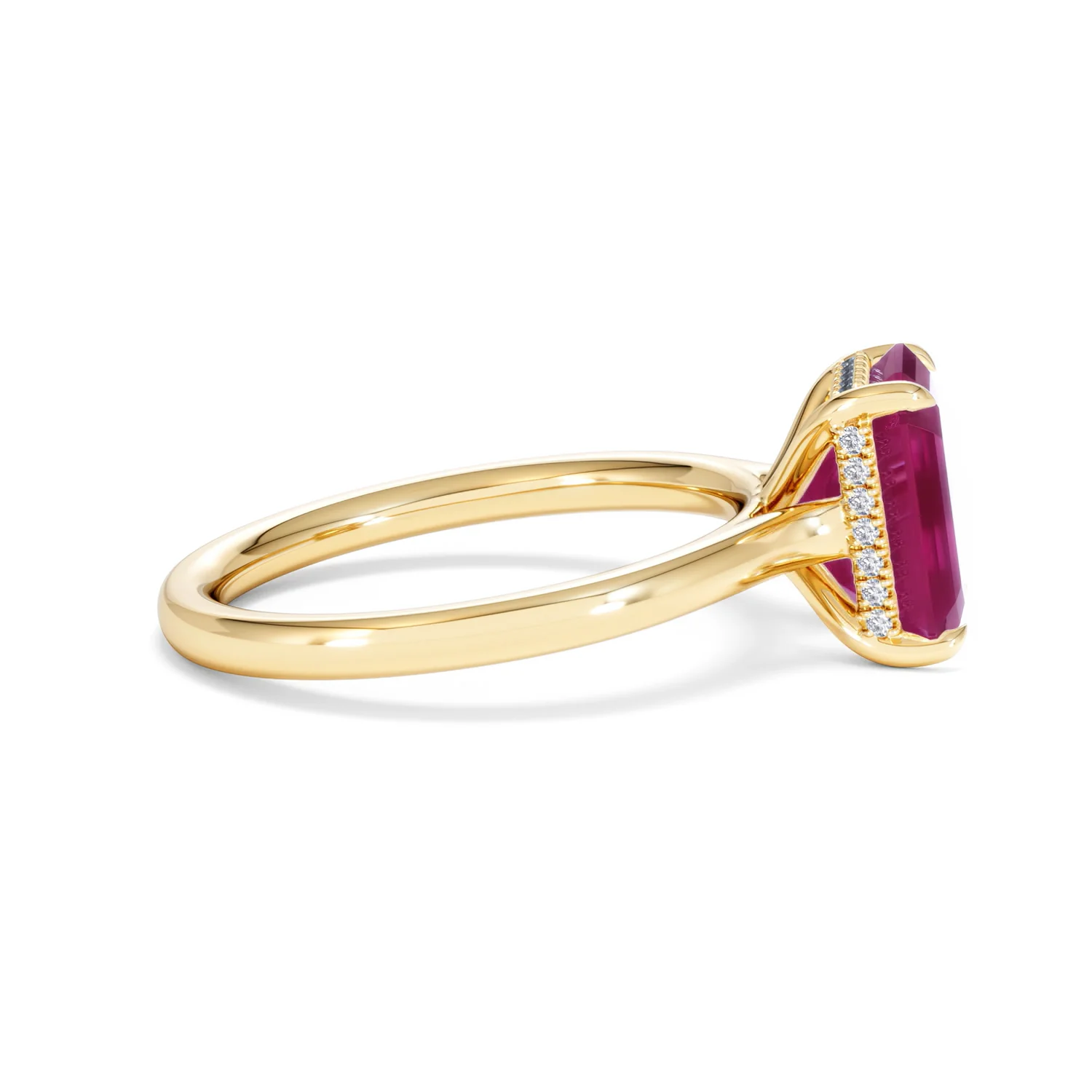 Amora 2.50ct Emerald Cut Lab Ruby Hidden Halo Engagement Ring in 18K Yellow Gold - Image 28